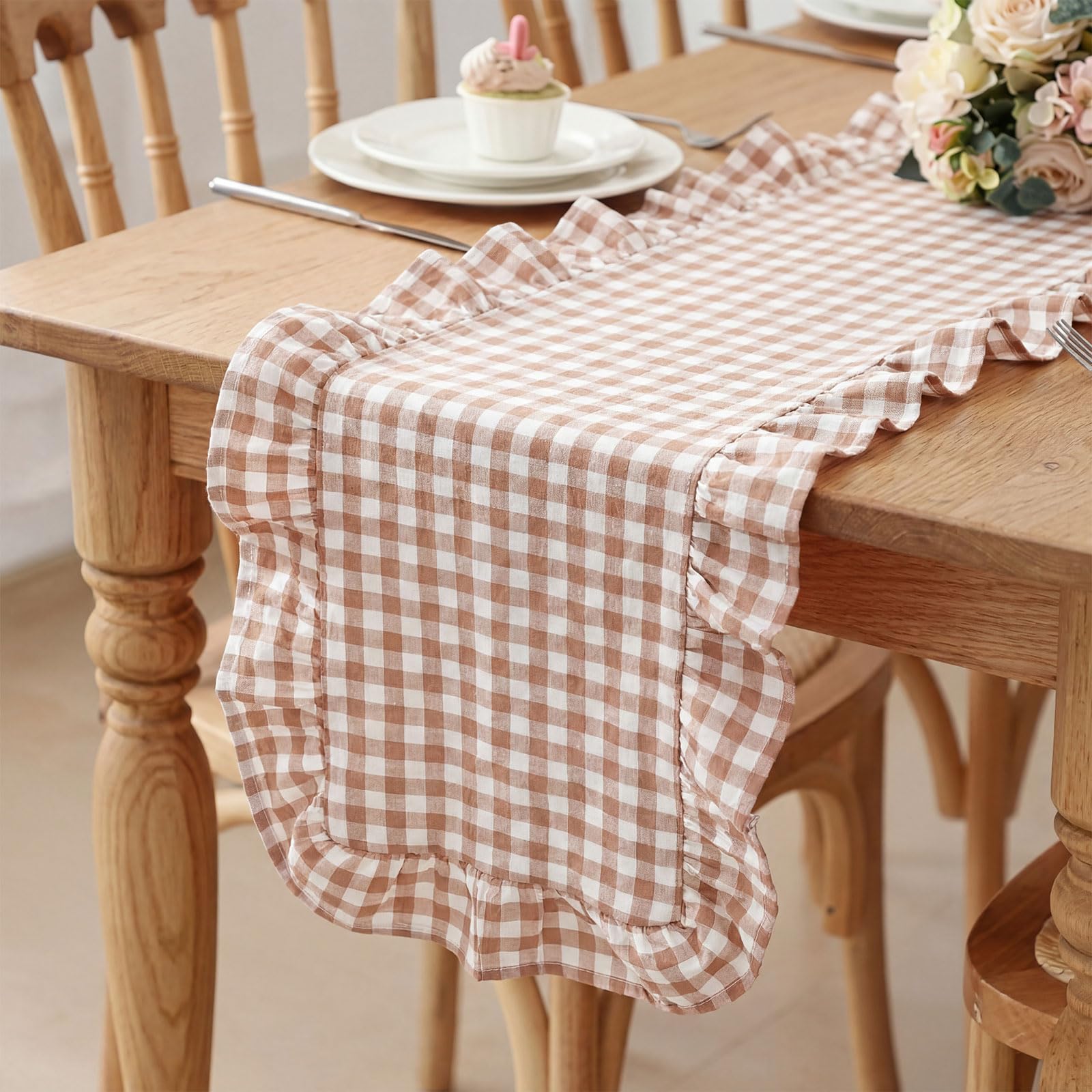 HunnmingRe 1 Pcs Blue Plaid Gingham Ruffle Table Runner 118 x 13.8'' Farmhouse Table Runner 100% Cotton Scalloped Long Dresser Scarves for Dining Room, Wedding, Kitchen Rustic Home Decor