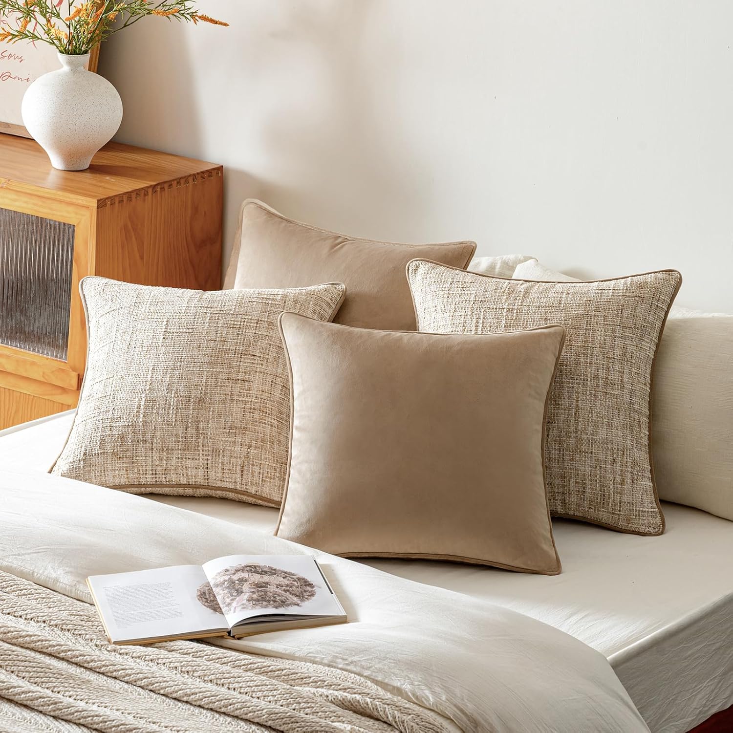 a moment Khaki 4 Pack Throw Pillow Covers - Chenille & Velvet Set with Piping, Farmhouse Textured Design Cushion Cases for Couch Sofa Bed (20x20 Inch, No Insert)