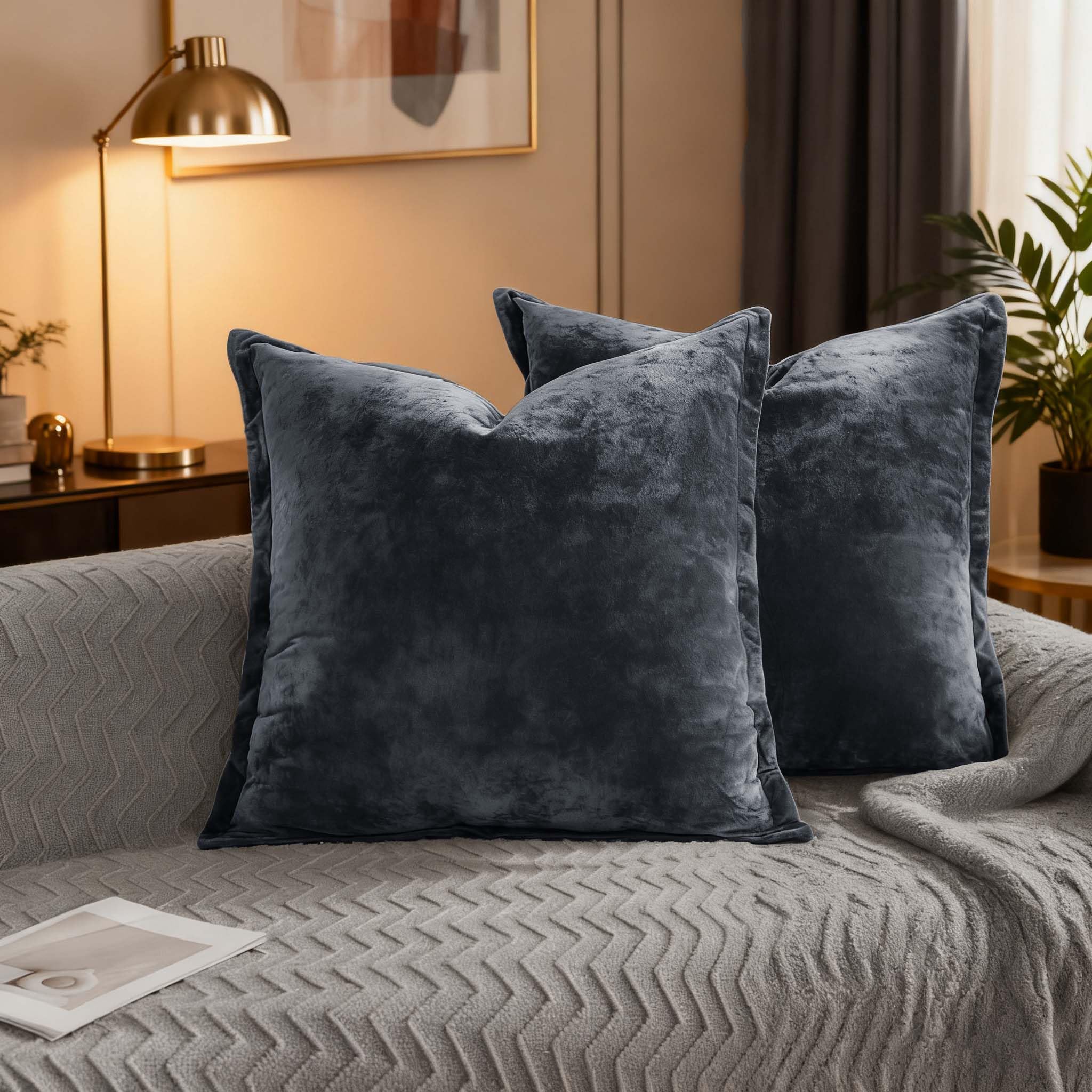 Velvet Pillow Covers 2 Pack Soft 26x26 Pillow Covers Solid Square Euro Shams Decorative Couch Pillow Cases with Wide Border for Sofa Bed Home Decor,Black