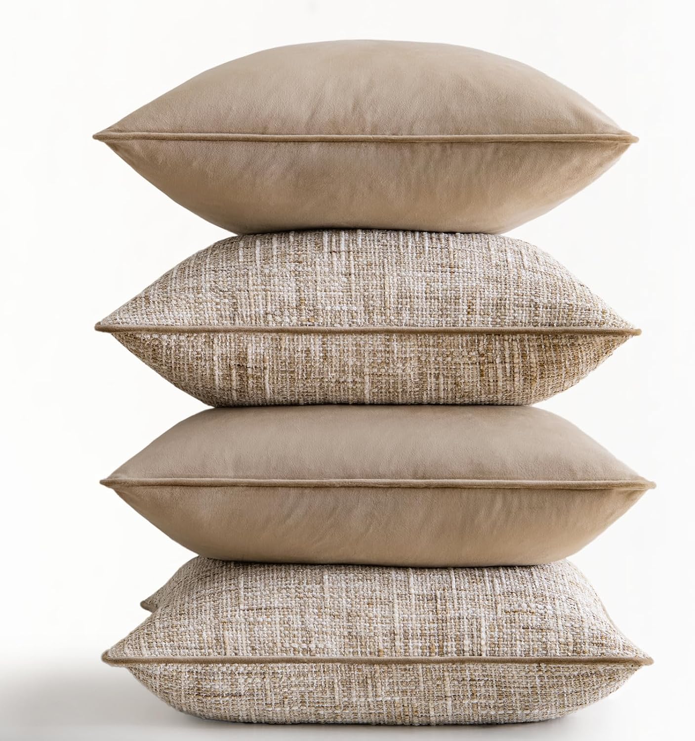 a moment Khaki 4 Pack Throw Pillow Covers - Chenille & Velvet Set with Piping, Farmhouse Textured Design Cushion Cases for Couch Sofa Bed (20x20 Inch, No Insert)