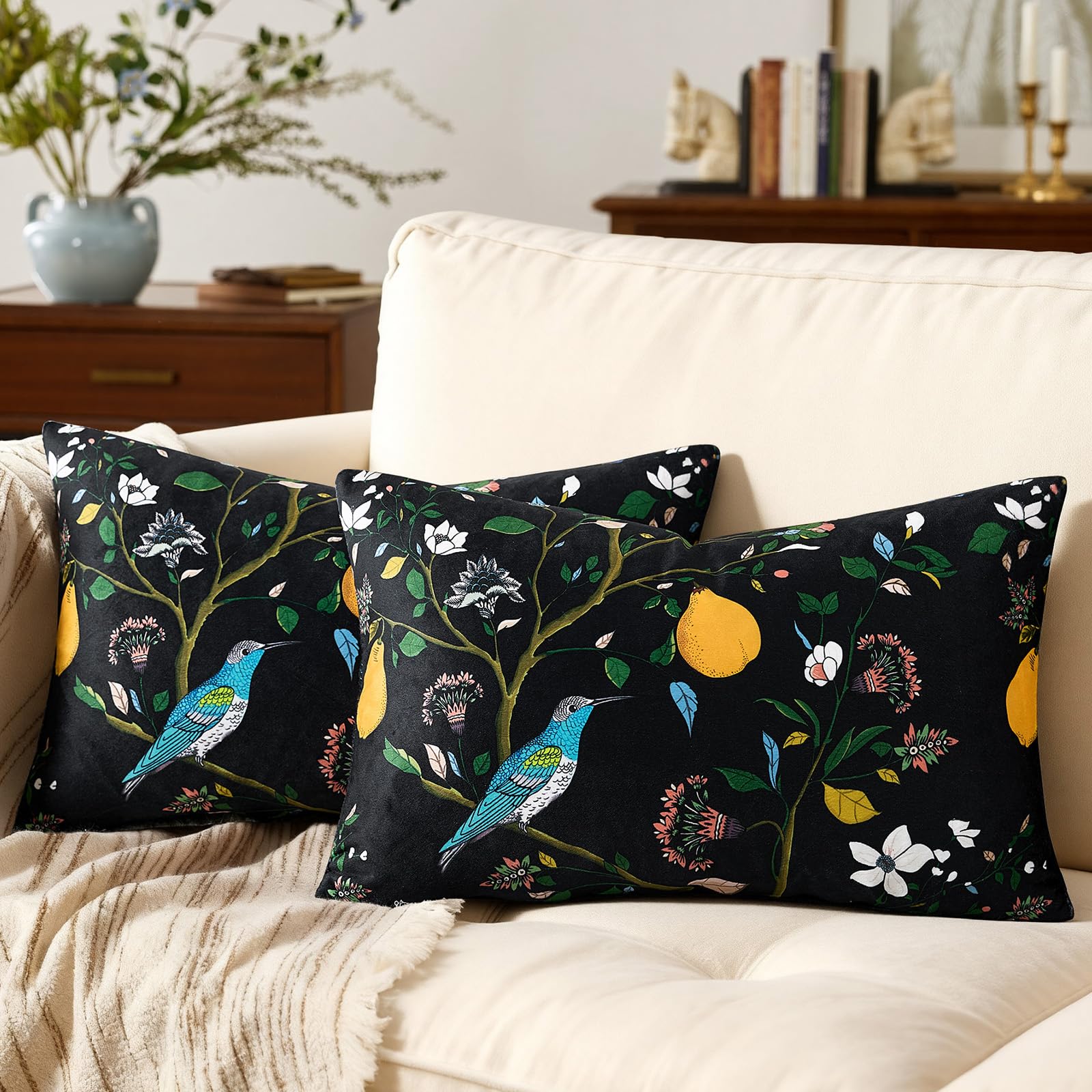 Mustard Yellow Velvet Throw Pillow Covers 20x20 Pack of 2, Vintage Floral Pillow Covers, Mid Century Flower Plant Cushion Covers for Sofa Living Room Home Decor