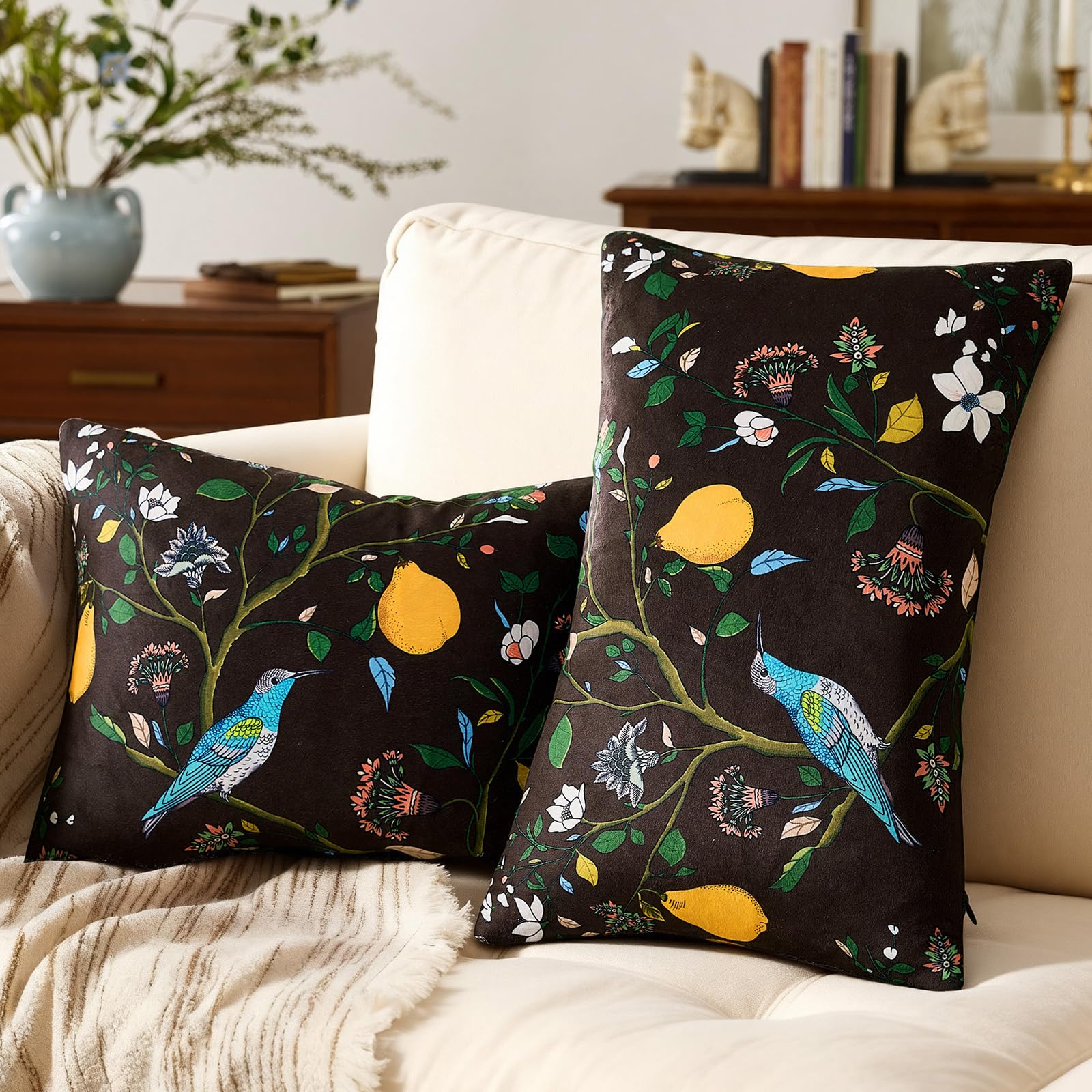 Mustard Yellow Velvet Throw Pillow Covers 20x20 Pack of 2, Vintage Floral Pillow Covers, Mid Century Flower Plant Cushion Covers for Sofa Living Room Home Decor