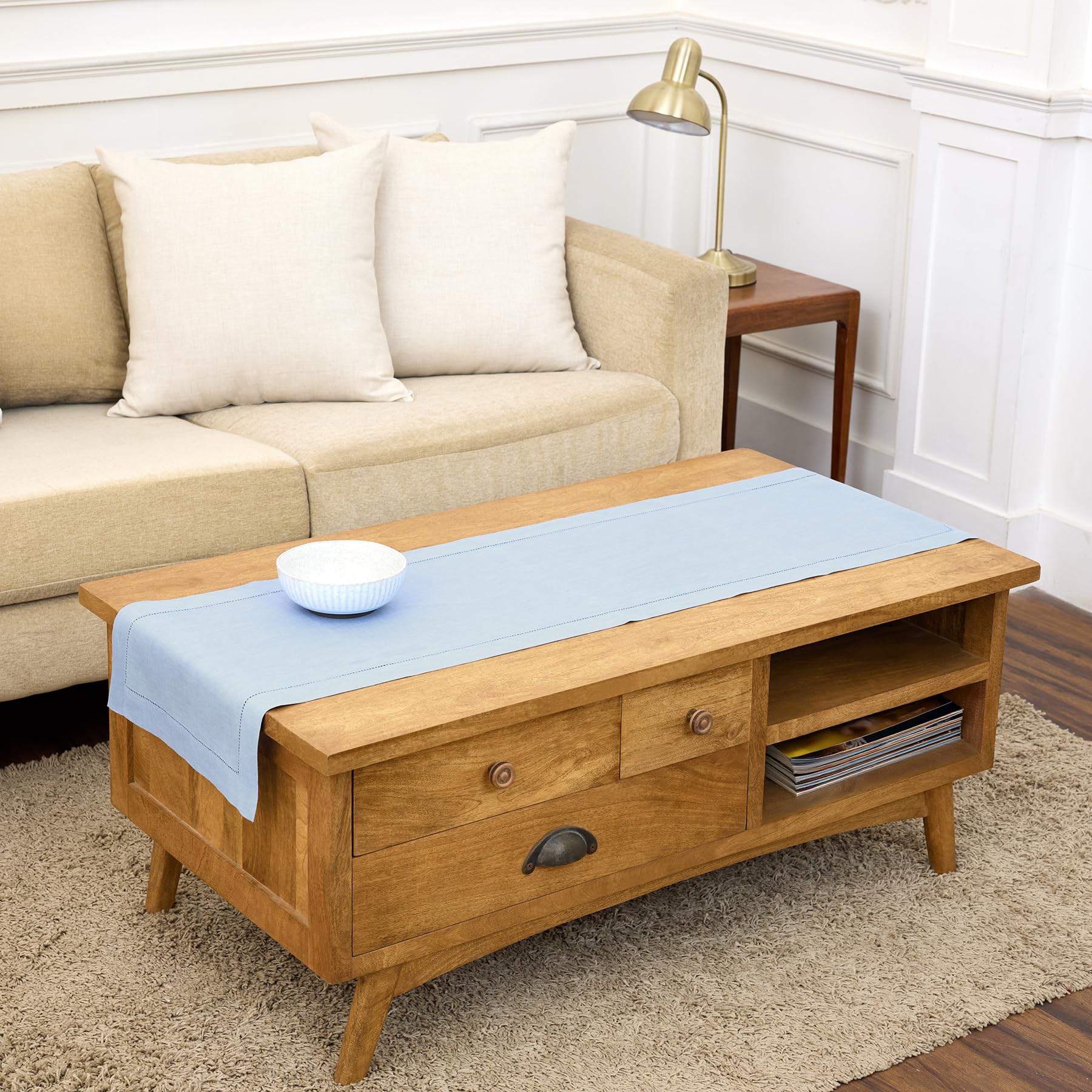 Solino Home Linen Light Natural Table Runner 72 Inches Long - 100% Pure Linen Hemstitch Table Runner 14 x 72 Inch for Dresser, Dining, Spring, Summer - Classic Hemstitch