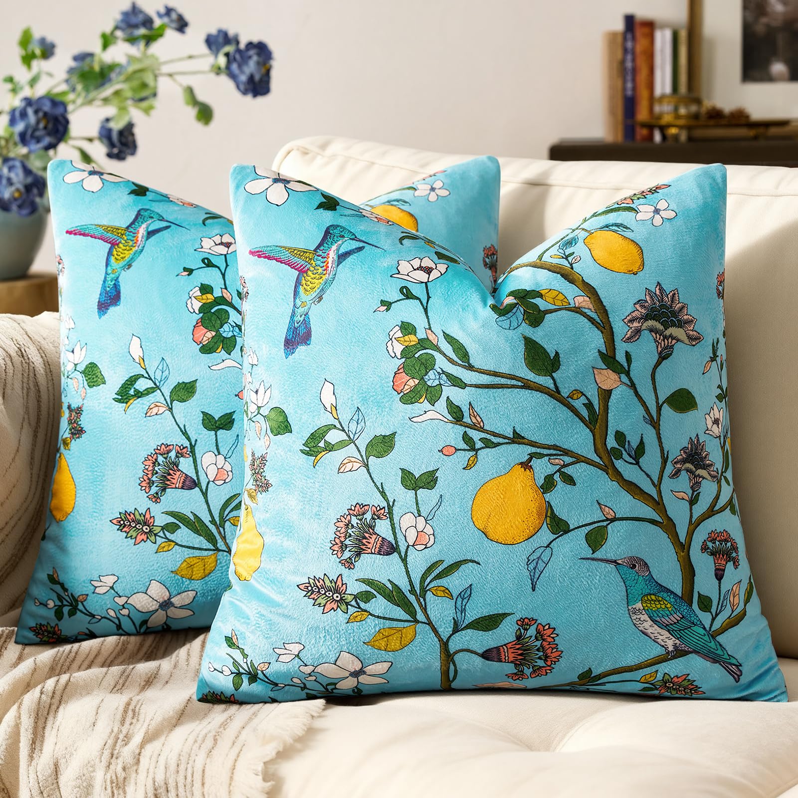 Mustard Yellow Velvet Throw Pillow Covers 20x20 Pack of 2, Vintage Floral Pillow Covers, Mid Century Flower Plant Cushion Covers for Sofa Living Room Home Decor