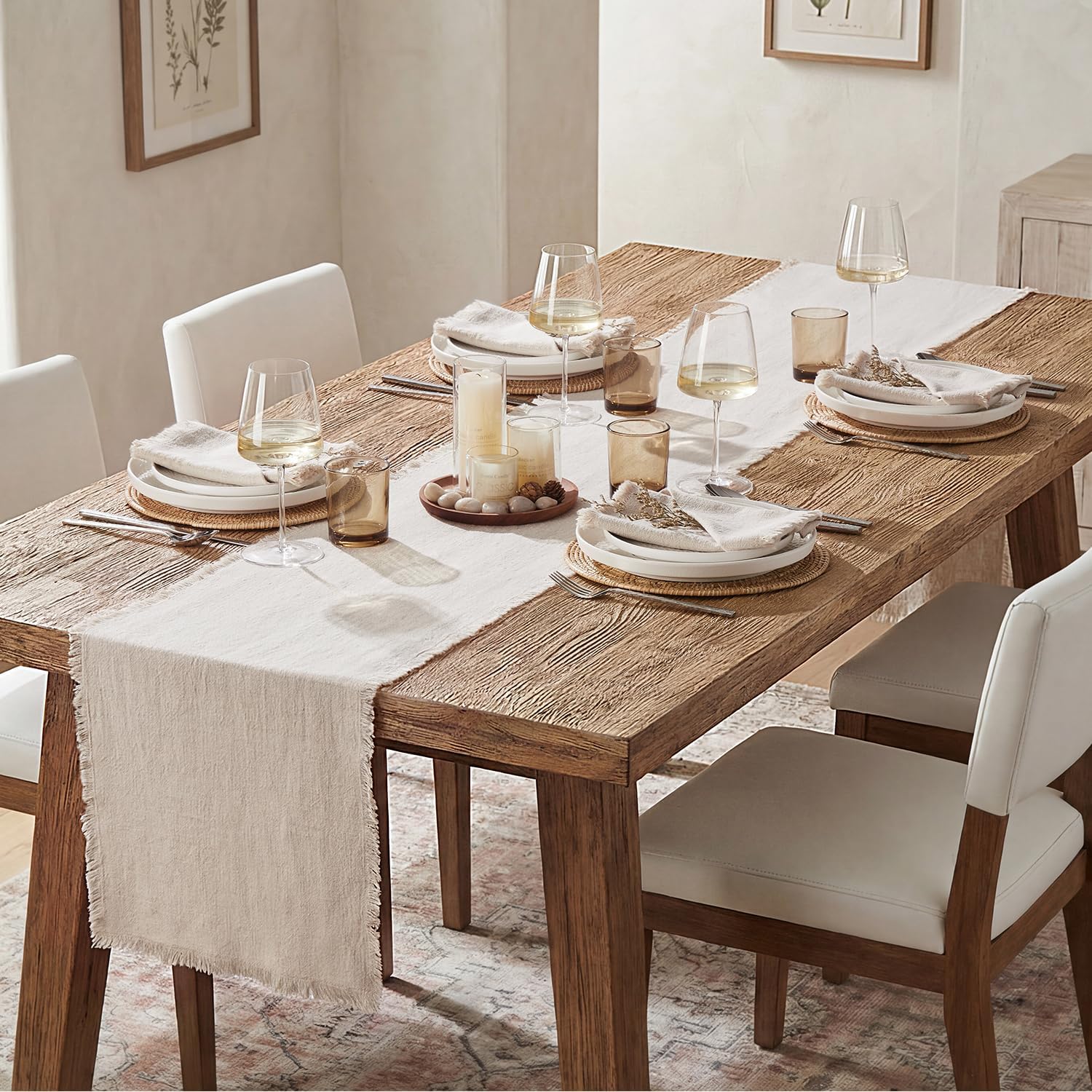 KINGSTONE 14 x 72 Inches Frayed Edge Table Runner, 270G Heavyweight Sand Washed Slub Texture Cotton Linen for Modern Farmhouse, Rustic Home Decorations Dining Room Wedding Boho Decor, Natural