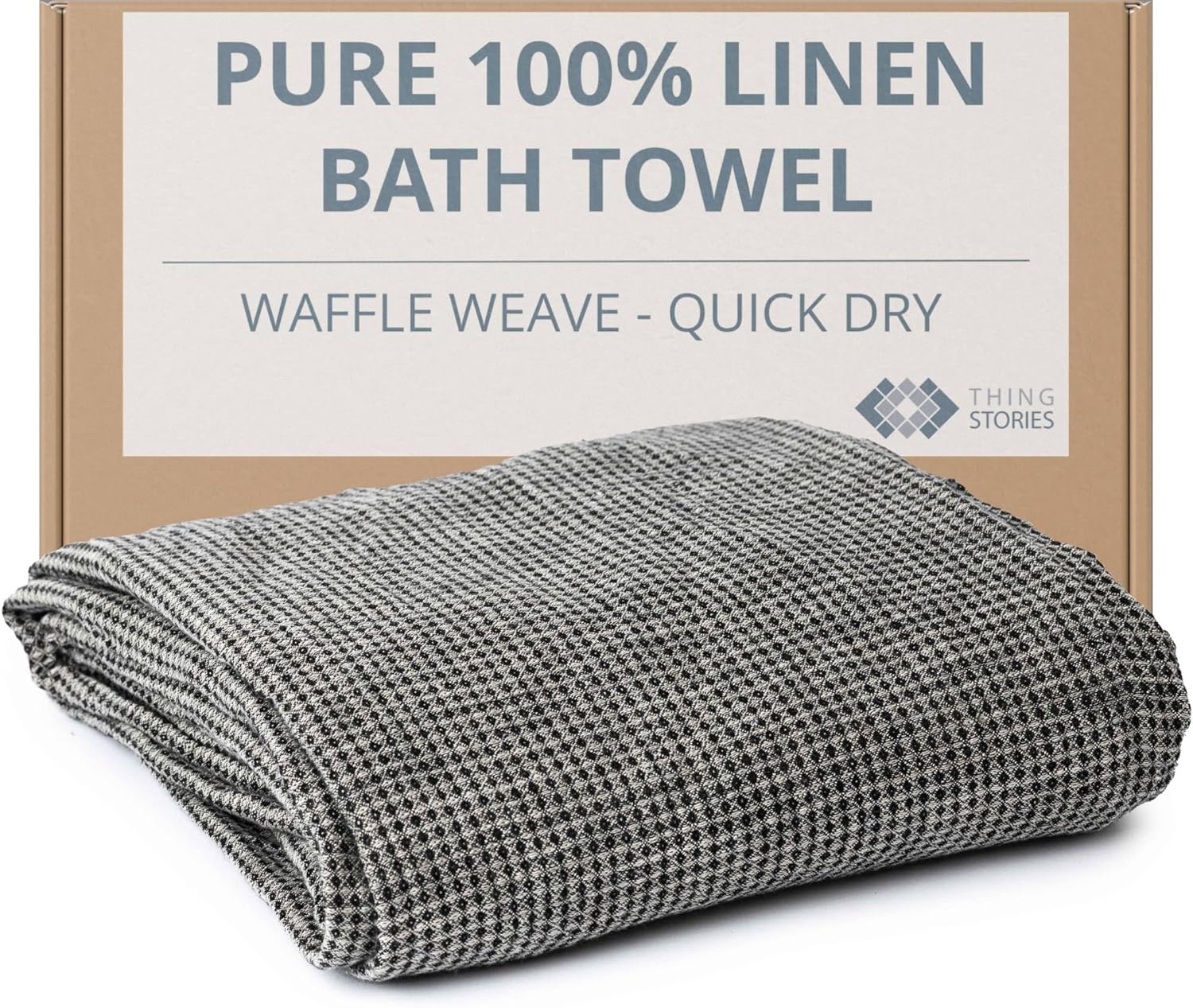 Pure 100% Linen Bath Towel - Quick Dry Towels for Travel Lightweight Waffle Towels for Bathroom 30 x 60-inch - Luxury Black-Natural Thin Hair Towel for Gym or Sauna - Sustainable Bath Sheet