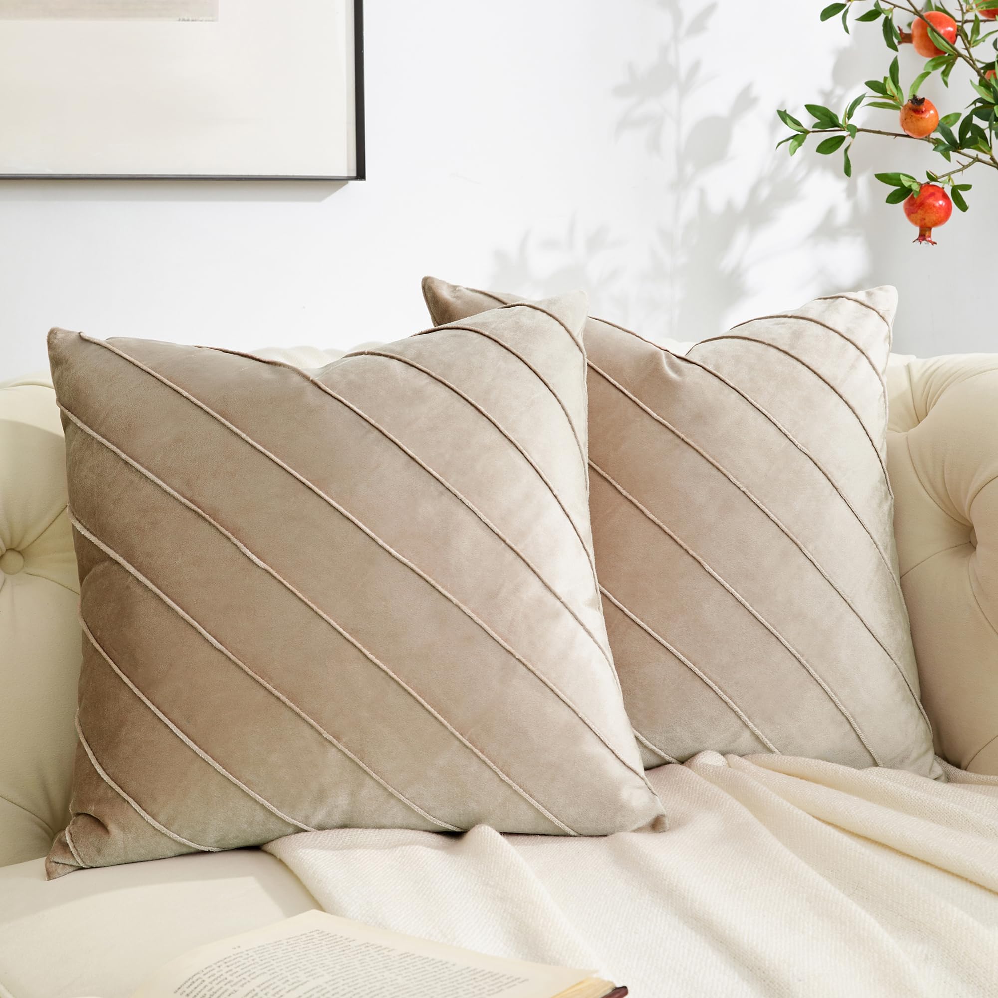 GIGIZAZA Decorative Velvet Pillow Covers 18x18, Set of 2 Gold Sofa Couch Throw Pillows Covers Cases, Living Room Square Cushion Accent Stripe Covers