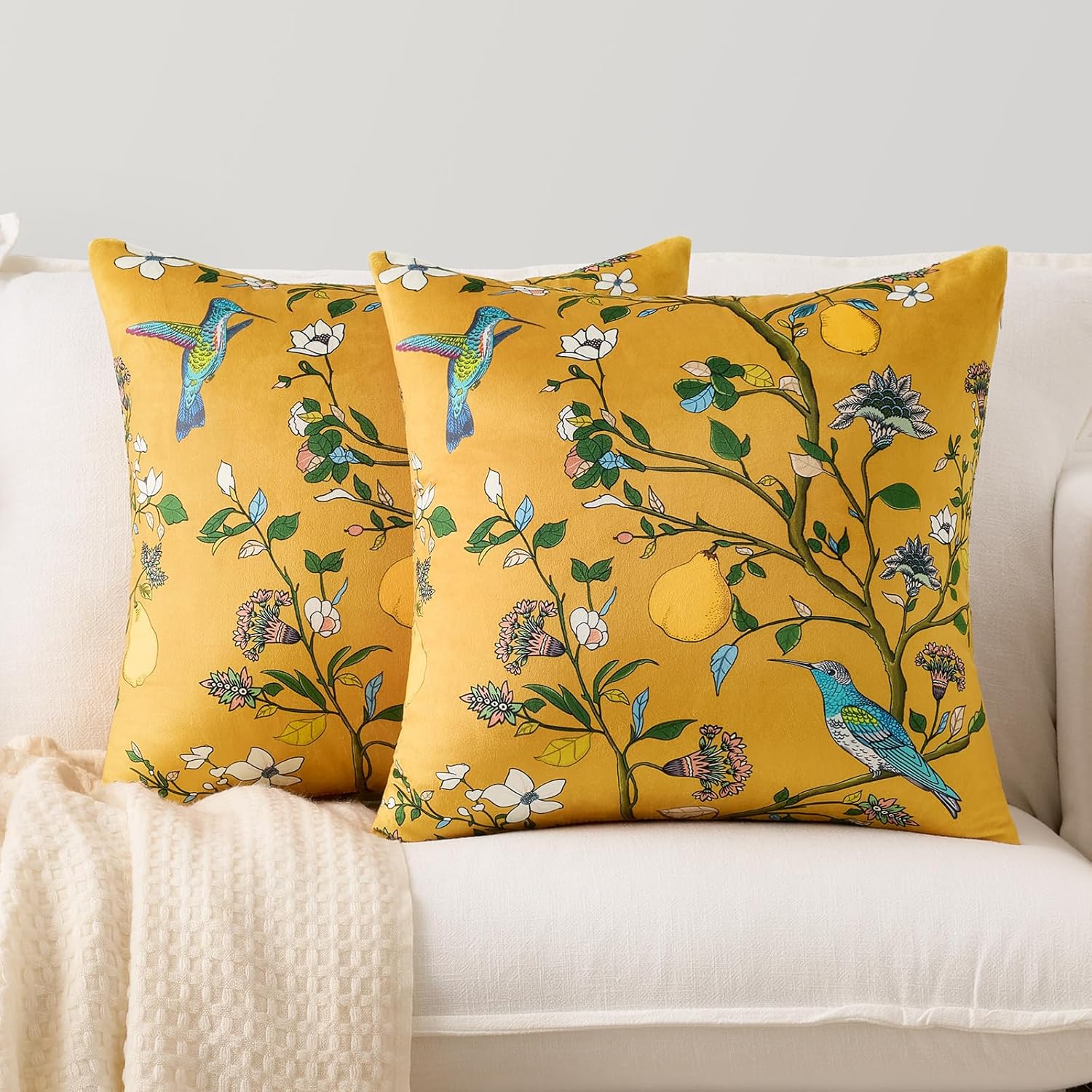Mustard Yellow Velvet Throw Pillow Covers 20x20 Pack of 2, Vintage Floral Pillow Covers, Mid Century Flower Plant Cushion Covers for Sofa Living Room Home Decor