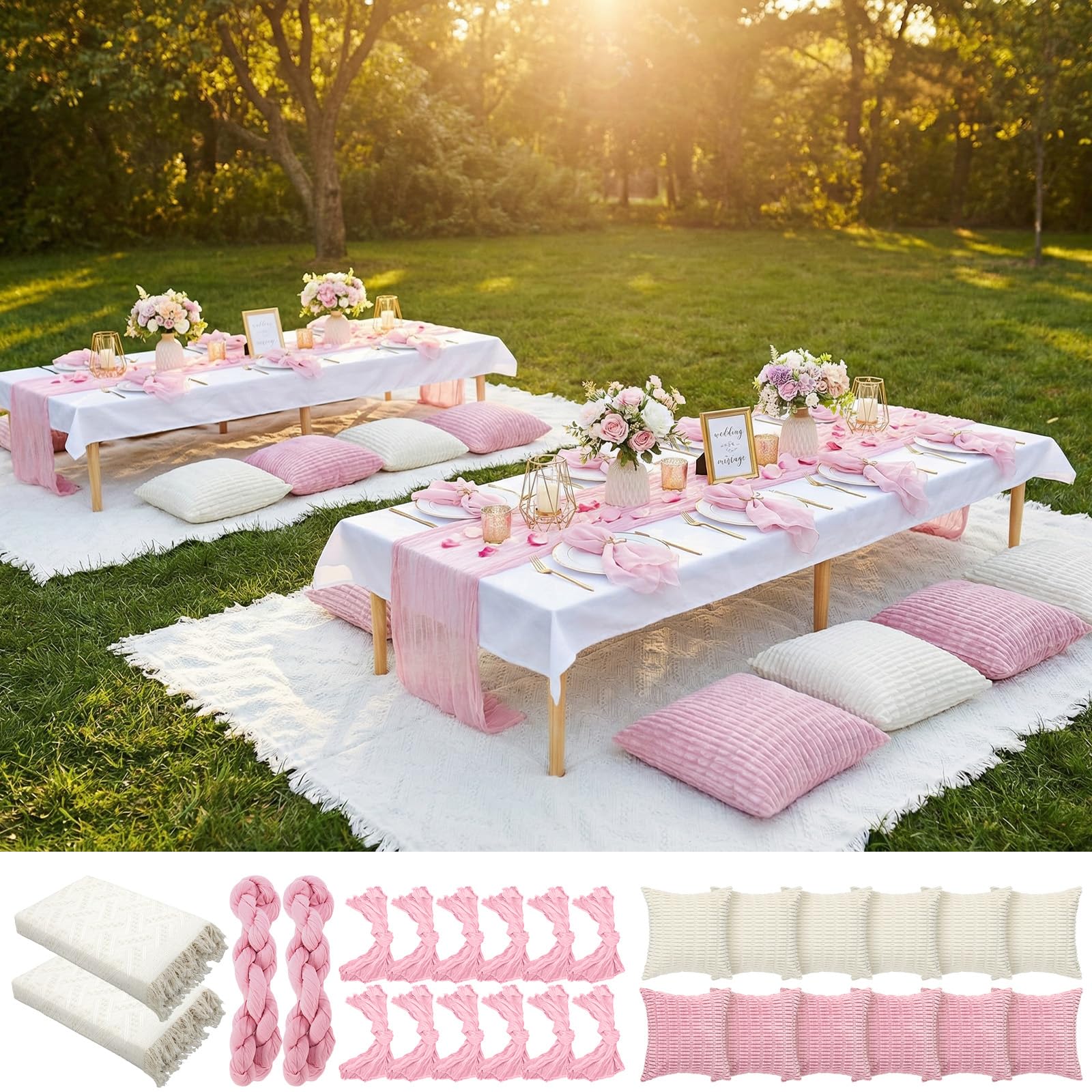 Beeveer 91 x 71 Extra Large Outdoor Boho Picnic Blanket with Pink Table Runner, 12 Throw Pillow Covers 12 Napkins Woven Cotton Yarn Oversize Beach Blanket Washable Picnic Camp Wedding