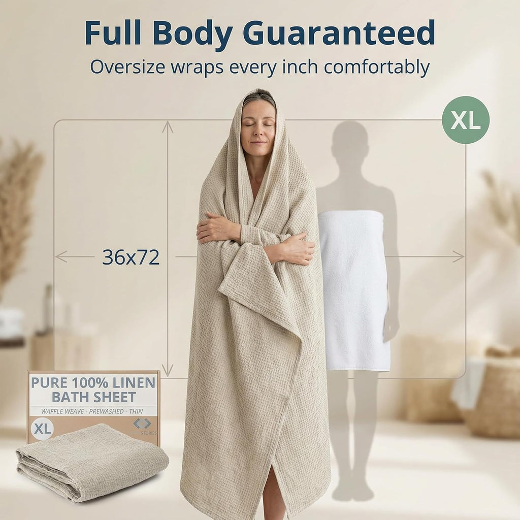 100% Linen Bath Sheet 35x70-inch - Waffle Weave Linen Bath Towel Oversized - Lightweight Absorbent Thin Waffle Bath Sheets Towels for Adults - Quick-Drying XL Travel Towel Extra Large