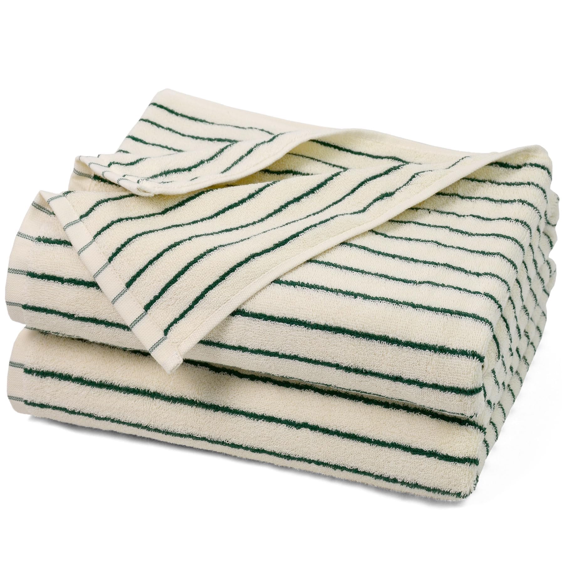 Jacquotha Bath Towels 2 Pack, Lighter & Quick Dry Towels Large 27.5 x 55 inches, Luxury Terry Cotton Towels for Bathroom Beach Swim, Forest Green & White Striped