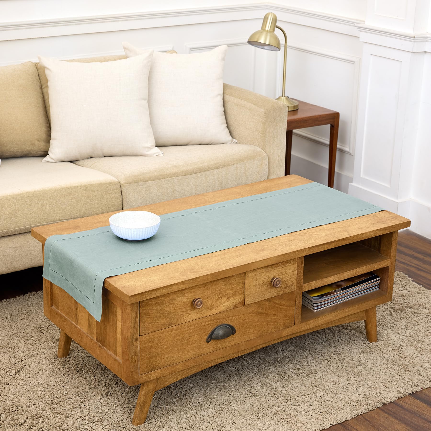 Solino Home Linen Light Natural Table Runner 72 Inches Long - 100% Pure Linen Hemstitch Table Runner 14 x 72 Inch for Dresser, Dining, Spring, Summer - Classic Hemstitch