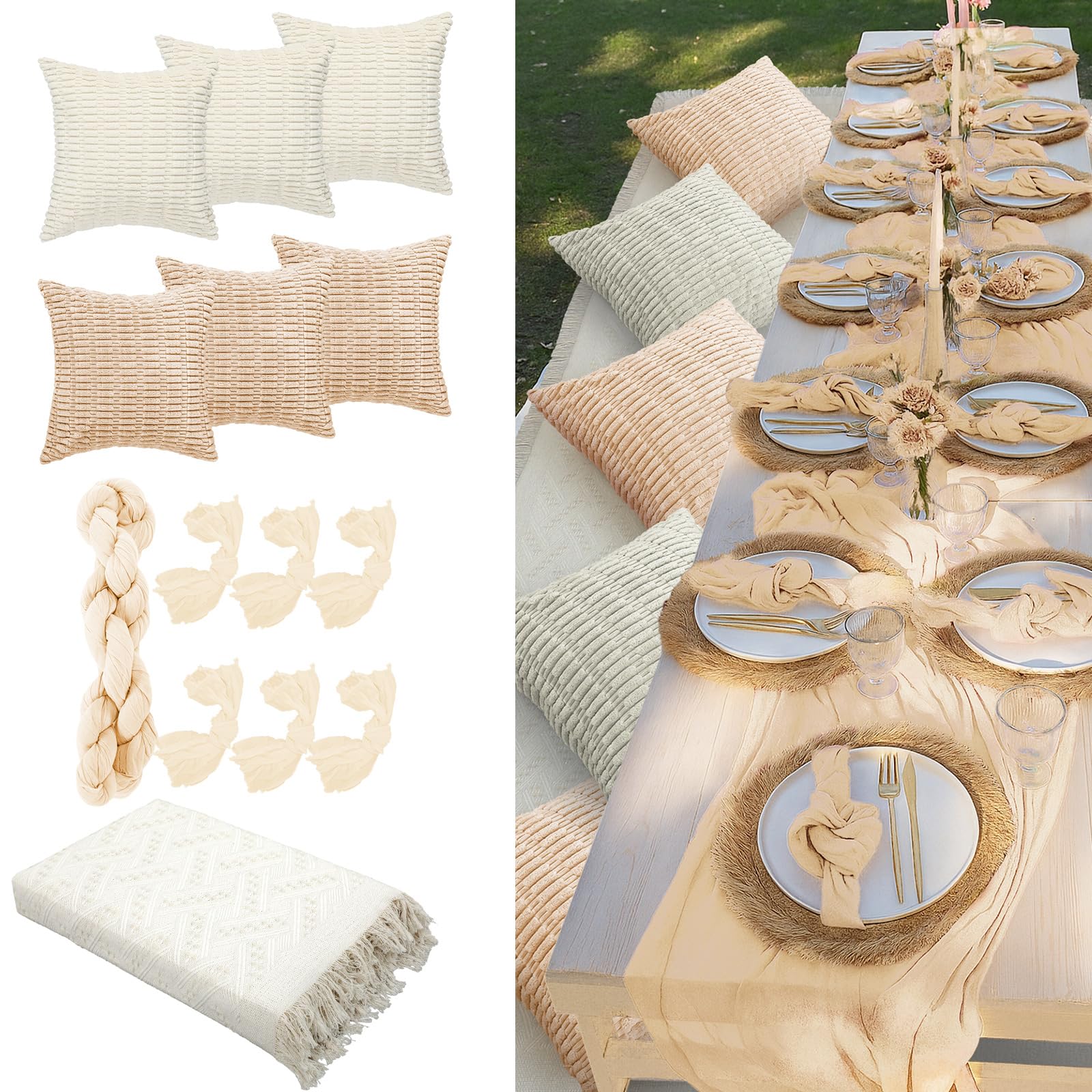 Beeveer 91 x 71 Extra Large Outdoor Boho Picnic Blanket with Pink Table Runner, 12 Throw Pillow Covers 12 Napkins Woven Cotton Yarn Oversize Beach Blanket Washable Picnic Camp Wedding