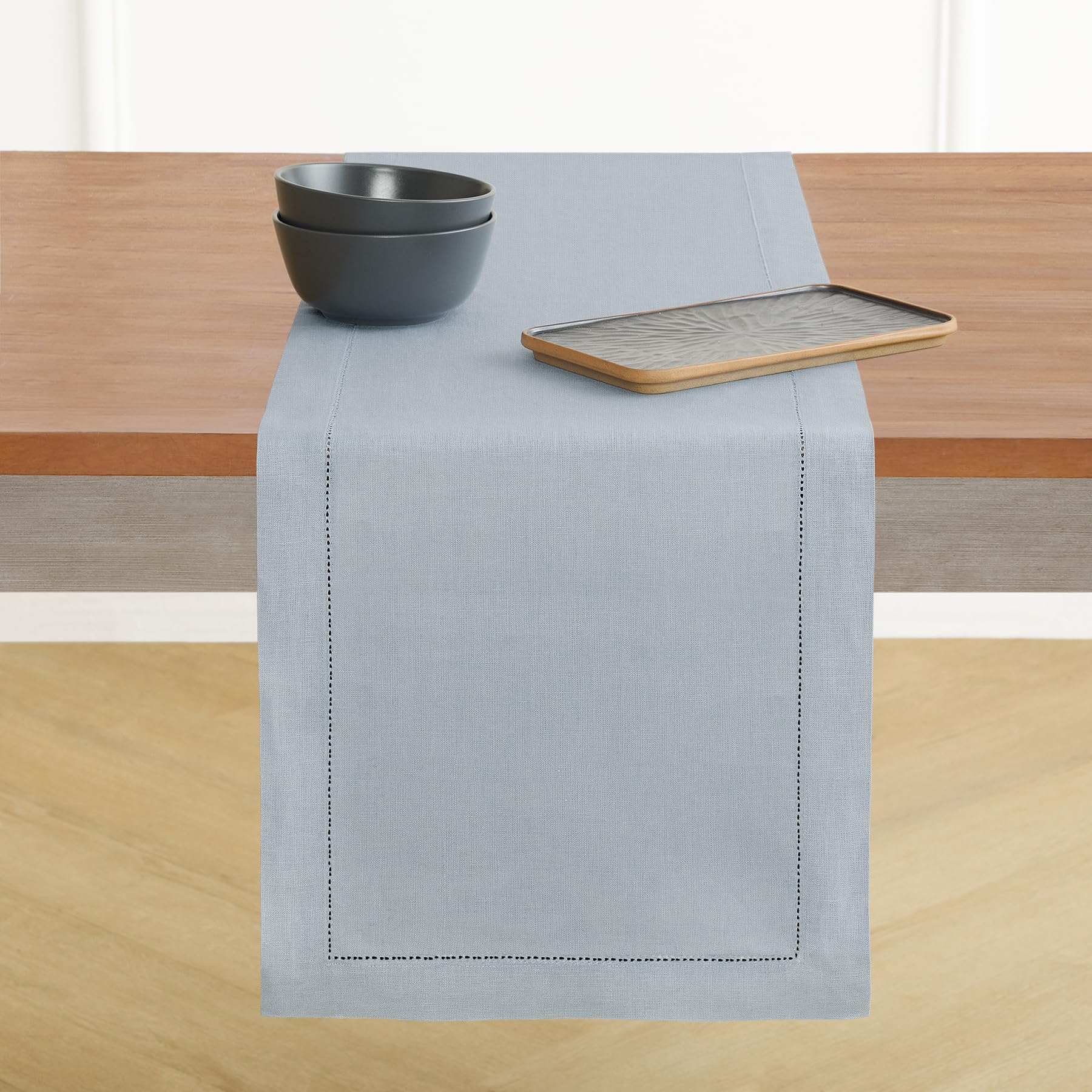 Solino Home Linen Light Natural Table Runner 72 Inches Long - 100% Pure Linen Hemstitch Table Runner 14 x 72 Inch for Dresser, Dining, Spring, Summer - Classic Hemstitch