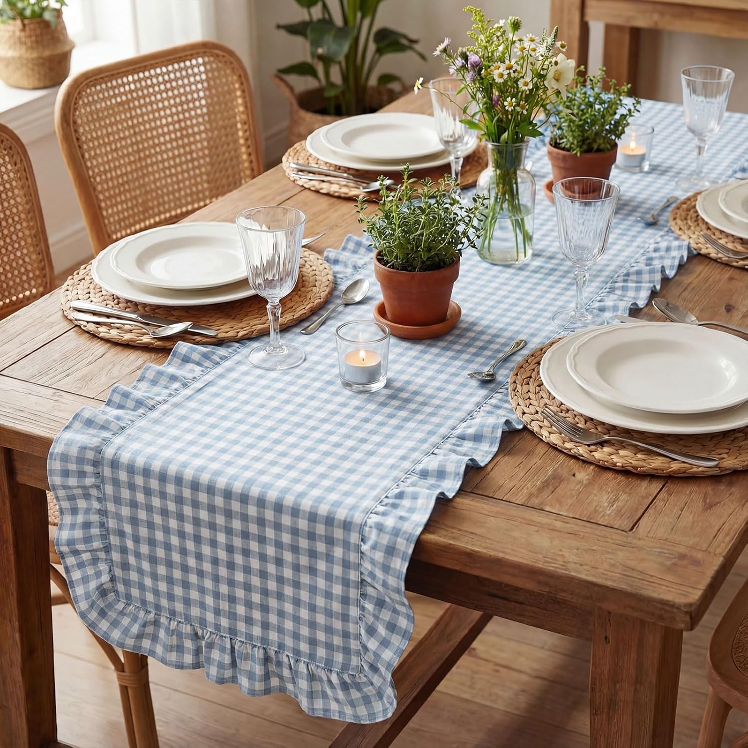 HunnmingRe 1 Pcs Blue Plaid Gingham Ruffle Table Runner 118 x 13.8'' Farmhouse Table Runner 100% Cotton Scalloped Long Dresser Scarves for Dining Room, Wedding, Kitchen Rustic Home Decor