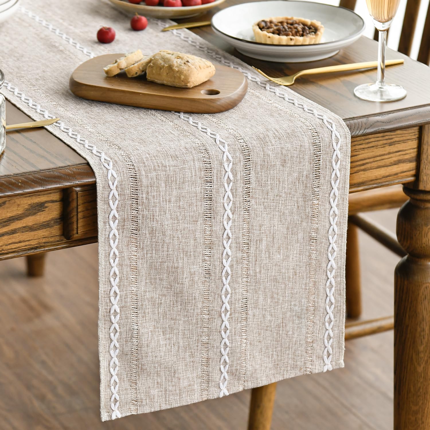 Artoid Mode Blue Rustic Cotton Linen Table Runner, Seasonal Embroidered Hollow Kitchen Dining Table Decoration for Home Party Decor 13x72 Inch
