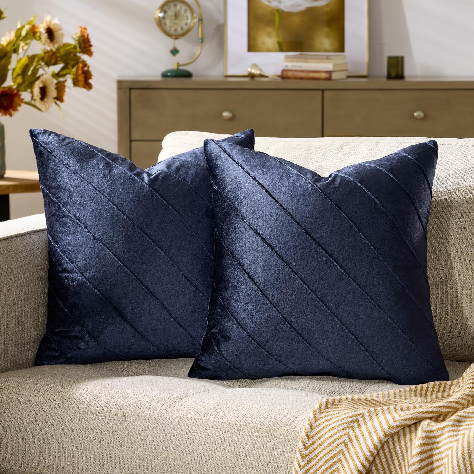 GIGIZAZA Decorative Velvet Pillow Covers 18x18, Set of 2 Gold Sofa Couch Throw Pillows Covers Cases, Living Room Square Cushion Accent Stripe Covers