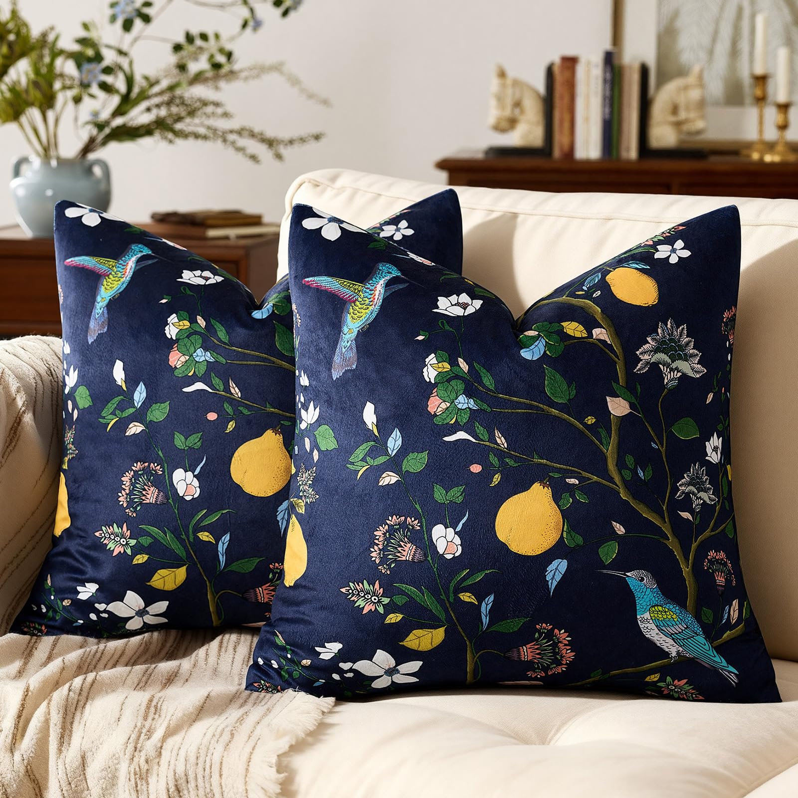 Mustard Yellow Velvet Throw Pillow Covers 20x20 Pack of 2, Vintage Floral Pillow Covers, Mid Century Flower Plant Cushion Covers for Sofa Living Room Home Decor