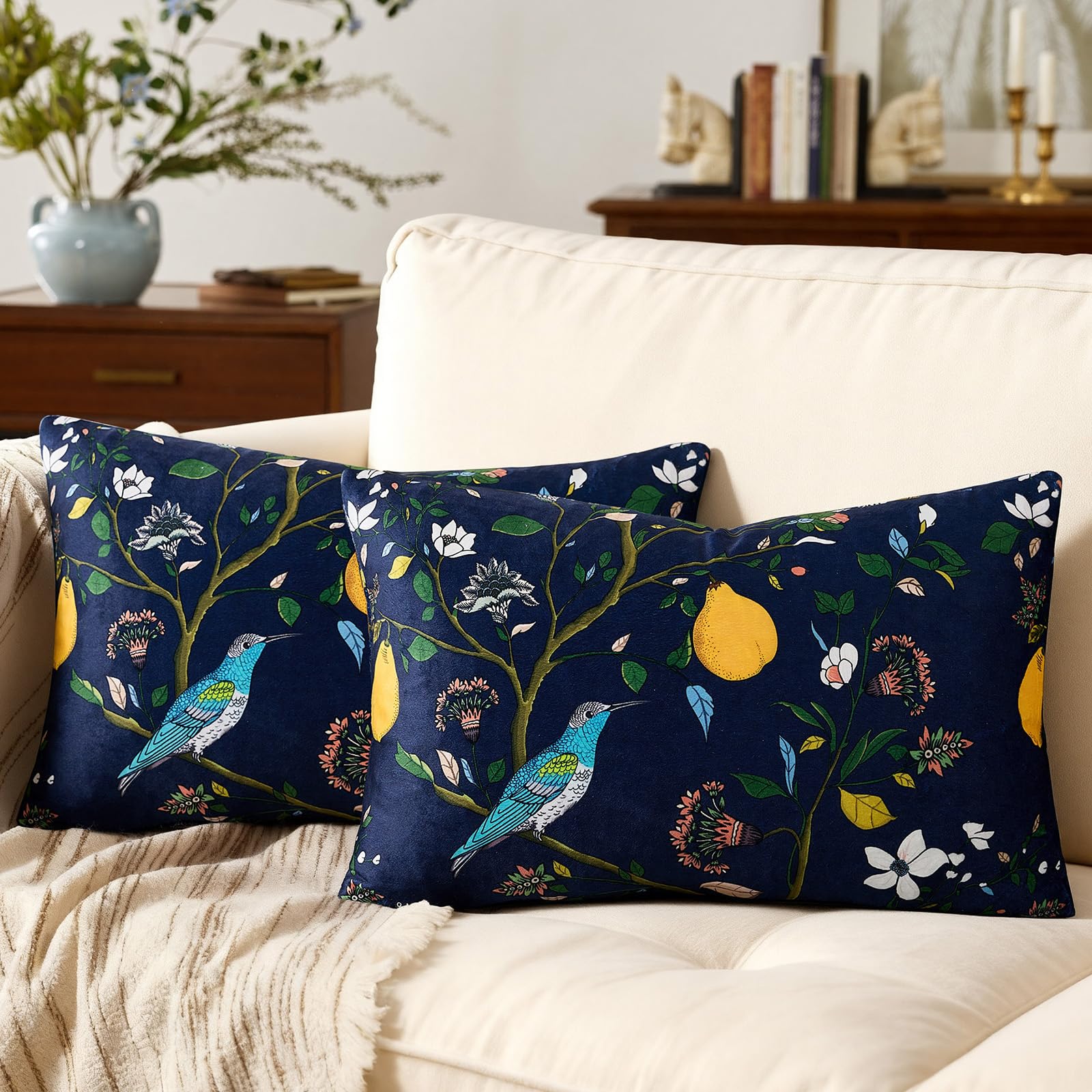 Mustard Yellow Velvet Throw Pillow Covers 20x20 Pack of 2, Vintage Floral Pillow Covers, Mid Century Flower Plant Cushion Covers for Sofa Living Room Home Decor