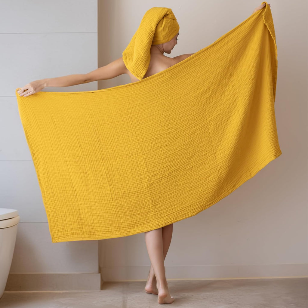 Ultra Soft Muslin Towel Adult Set, 100% Turkish Cotton 4-Layer 2 Pieces Luxury Muslin Hand & Bath Towels Sets for Bathroom (Mustard, 1 Bath & 1 Hand Towel Set)