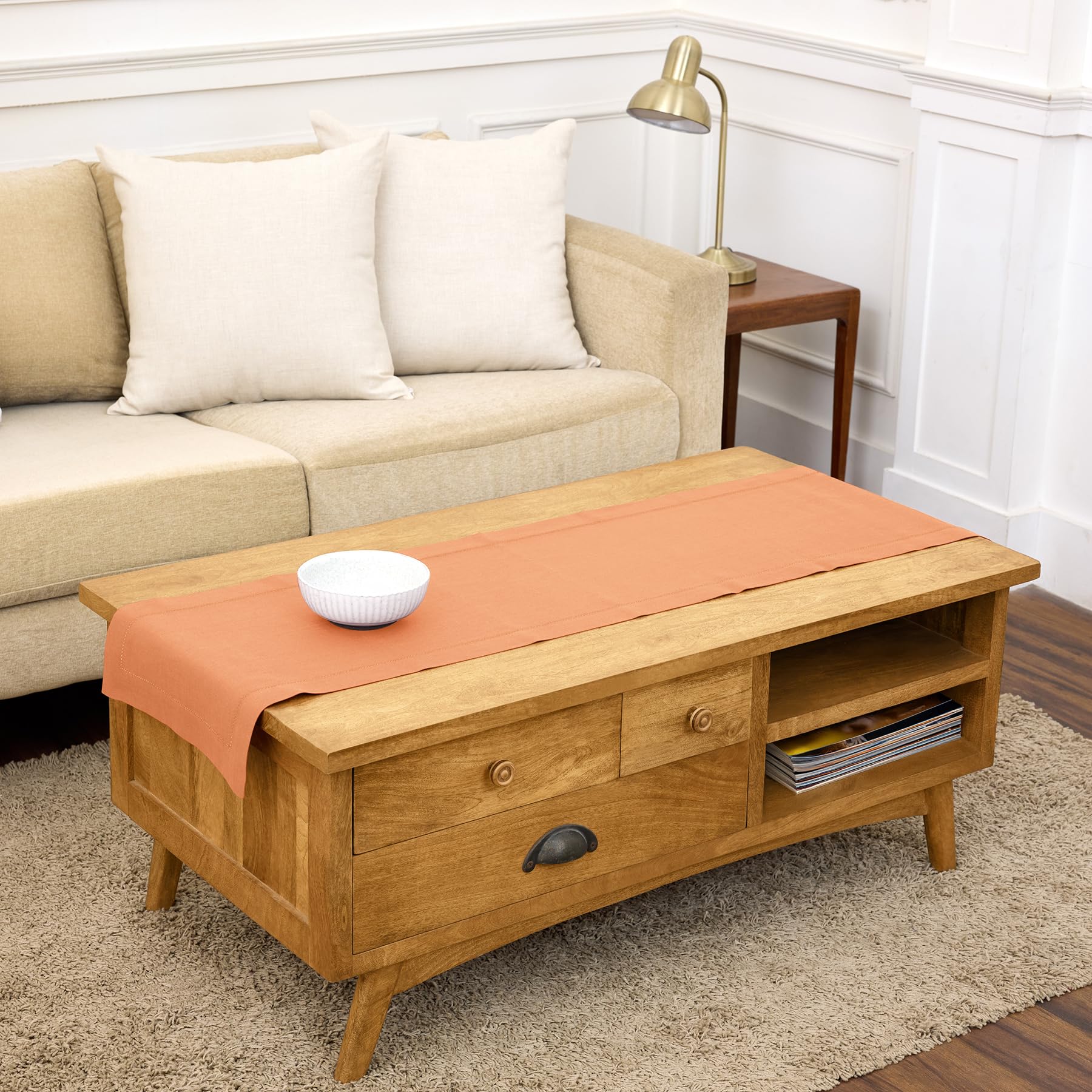 Solino Home Linen Light Natural Table Runner 72 Inches Long - 100% Pure Linen Hemstitch Table Runner 14 x 72 Inch for Dresser, Dining, Spring, Summer - Classic Hemstitch