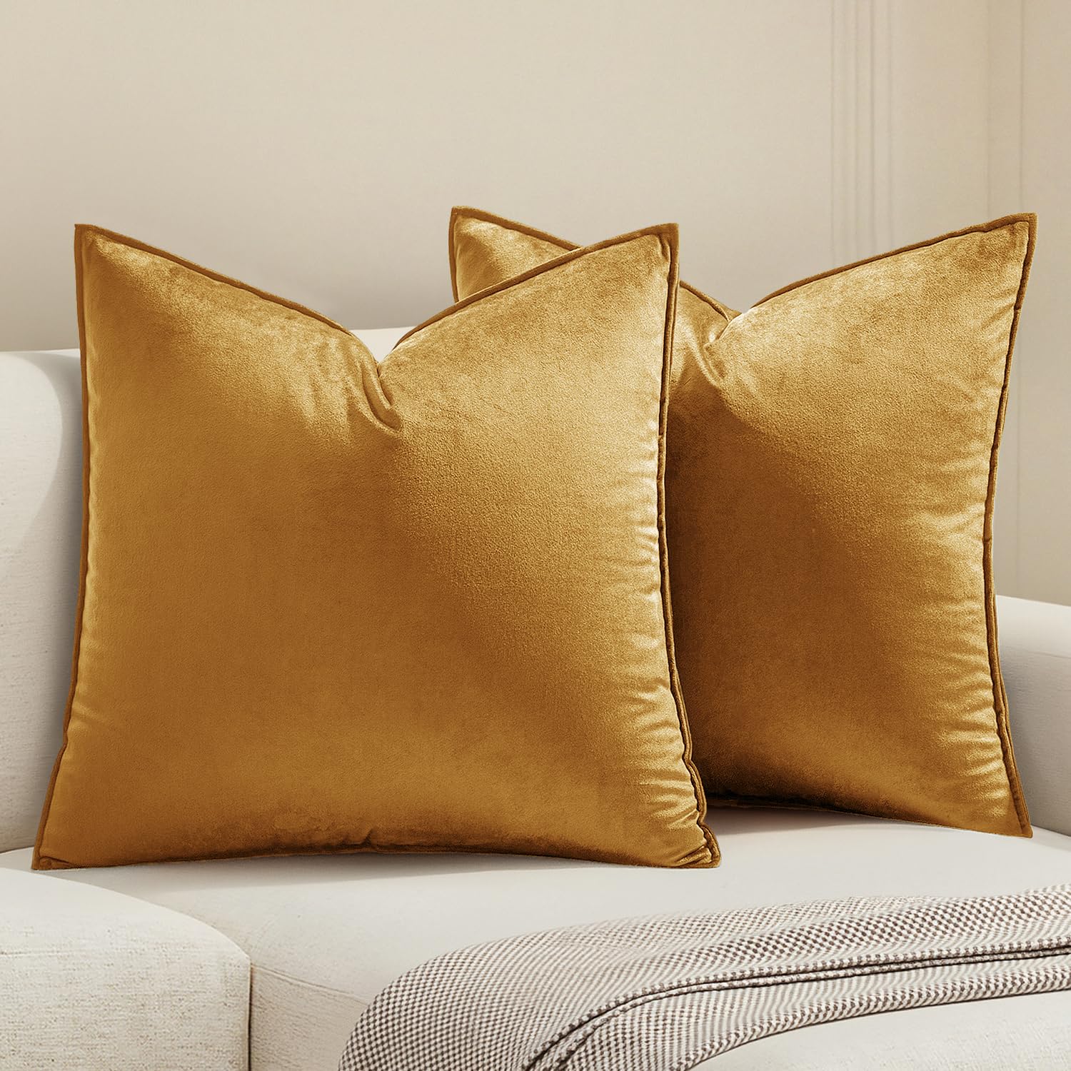 MIULEE Dark Coffee Velvet Throw Pillow Covers 24x24 Taupe Neutral Soft Decorative Solid Square Euro Sham Cushion Cases Pack of 2 Modern Luxury Home Decor for Couch, Sofa, Bedroom