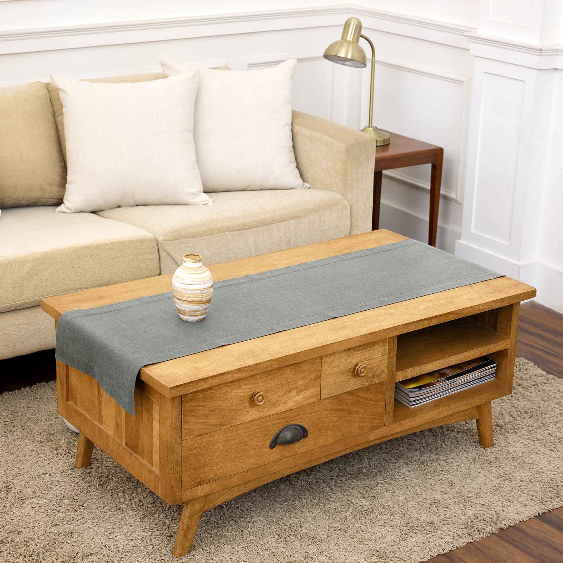 Solino Home Linen Light Natural Table Runner 72 Inches Long - 100% Pure Linen Hemstitch Table Runner 14 x 72 Inch for Dresser, Dining, Spring, Summer - Classic Hemstitch