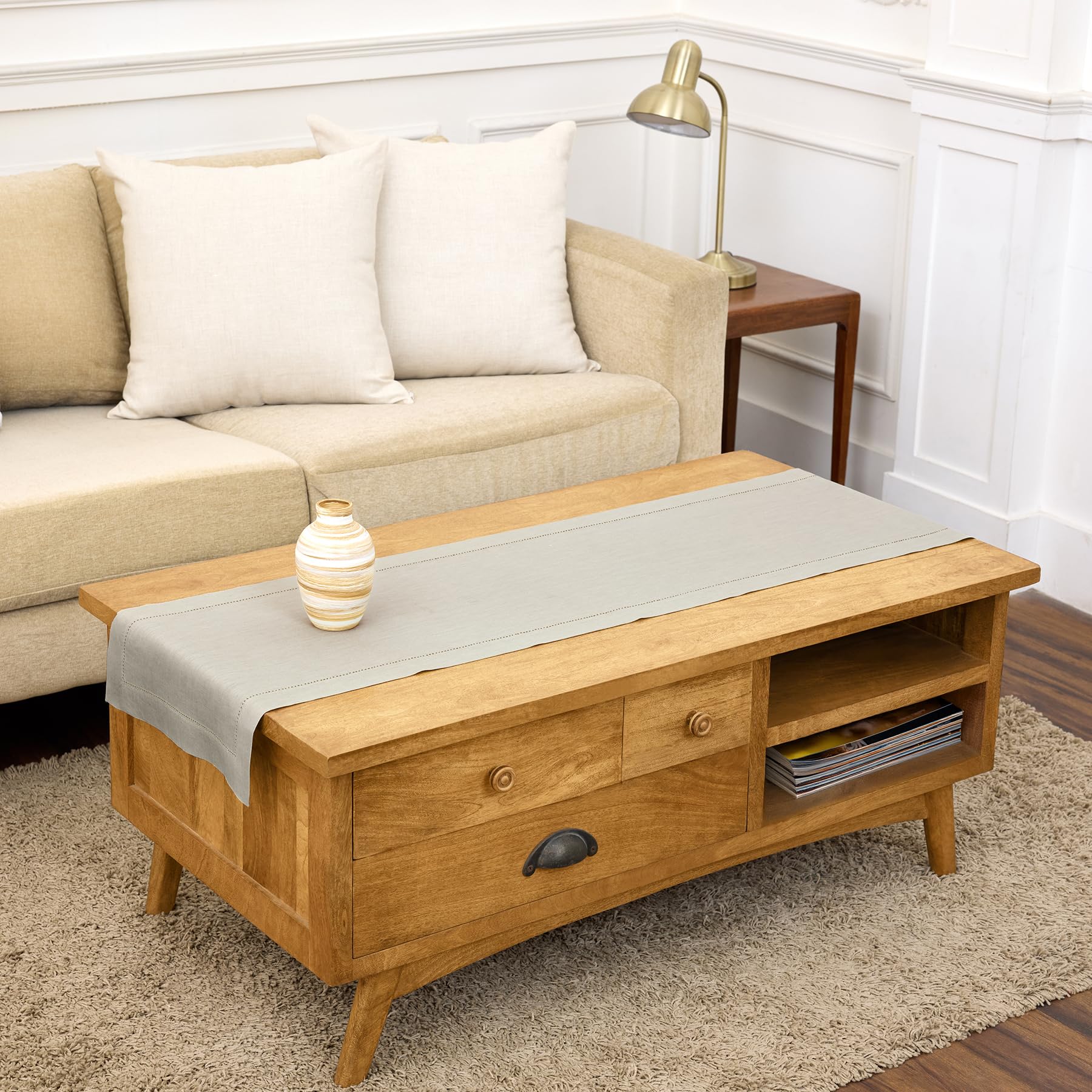 Solino Home Linen Light Natural Table Runner 72 Inches Long - 100% Pure Linen Hemstitch Table Runner 14 x 72 Inch for Dresser, Dining, Spring, Summer - Classic Hemstitch