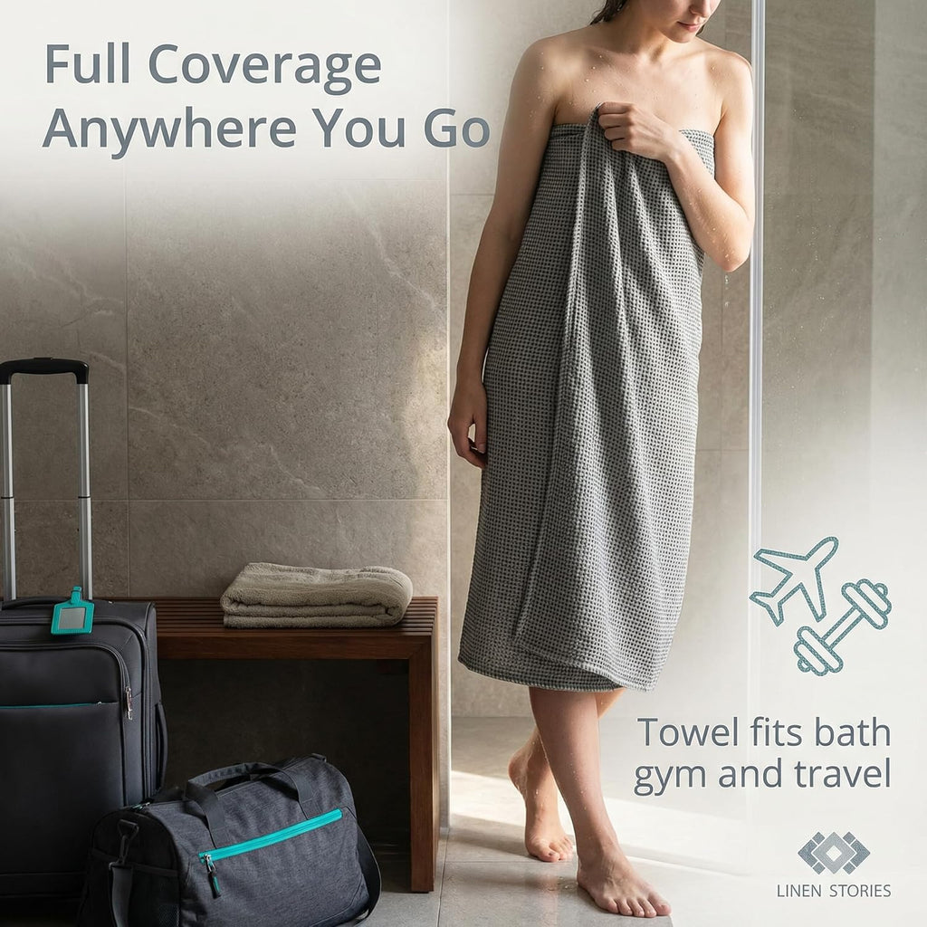 Pure 100% Linen Bath Towel - Quick Dry Towels for Travel Lightweight Waffle Towels for Bathroom 30 x 60-inch - Luxury Black-Natural Thin Hair Towel for Gym or Sauna - Sustainable Bath Sheet