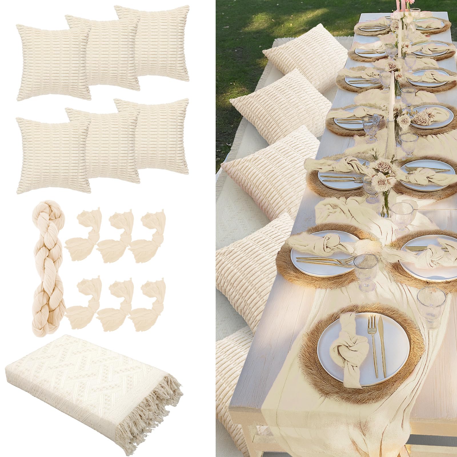 Beeveer 91 x 71 Extra Large Outdoor Boho Picnic Blanket with Pink Table Runner, 12 Throw Pillow Covers 12 Napkins Woven Cotton Yarn Oversize Beach Blanket Washable Picnic Camp Wedding