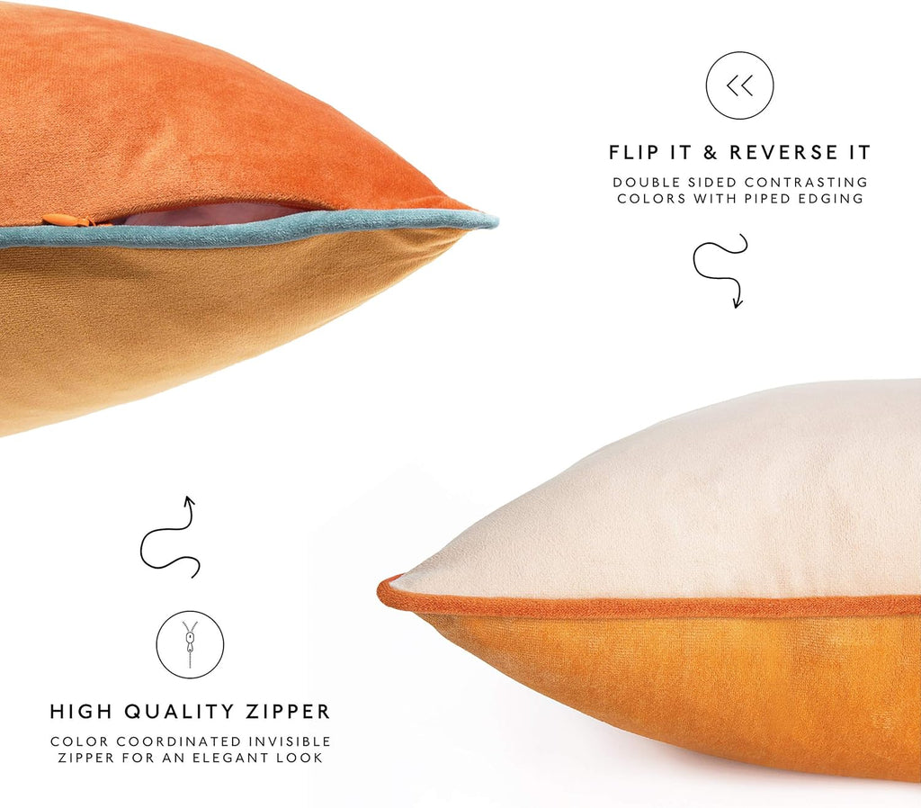 Set of 4 18×18 Inch Double-Sided Velvet Throw Pillow Covers, Orange & Teal