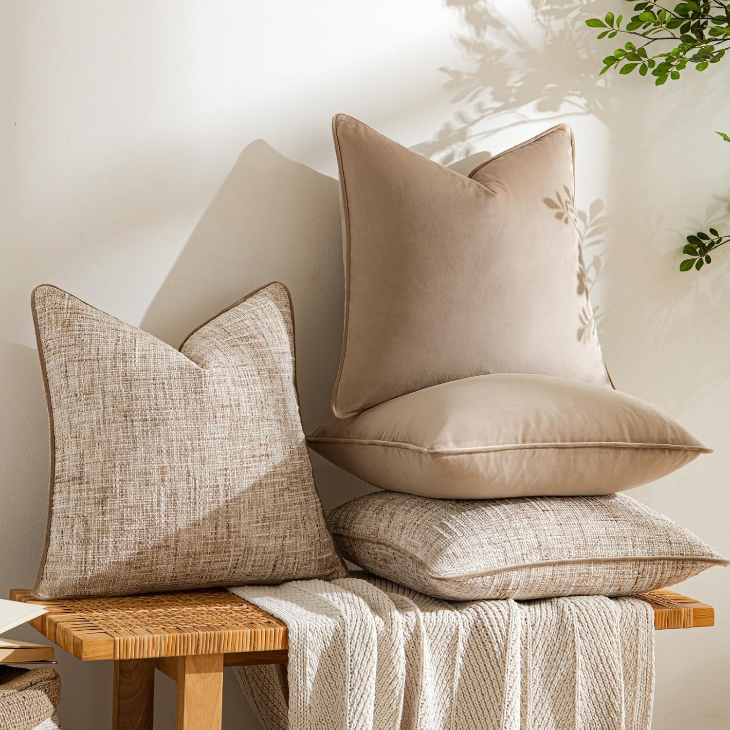 a moment Khaki 4 Pack Throw Pillow Covers - Chenille & Velvet Set with Piping, Farmhouse Textured Design Cushion Cases for Couch Sofa Bed (20x20 Inch, No Insert)