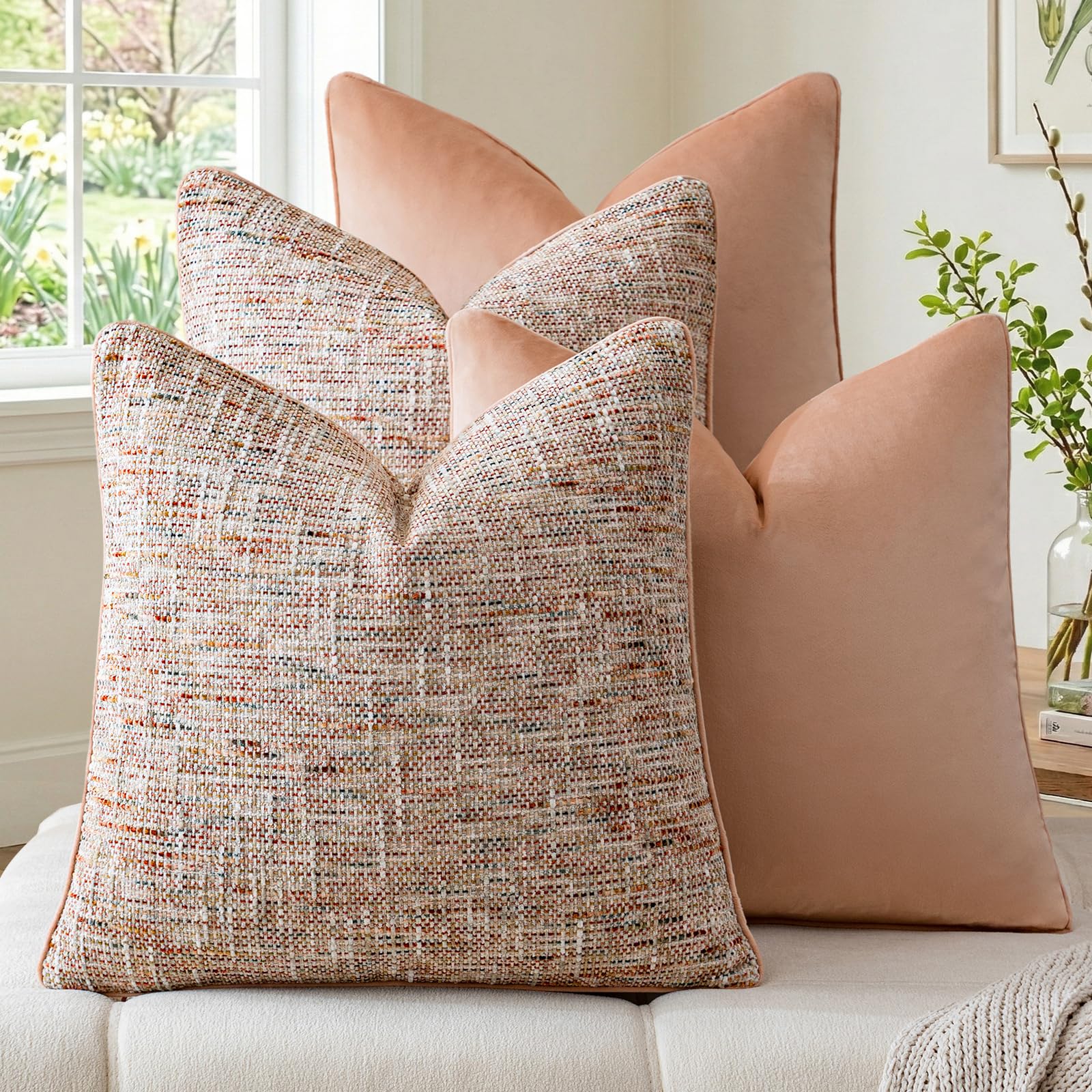 a moment Khaki 4 Pack Throw Pillow Covers - Chenille & Velvet Set with Piping, Farmhouse Textured Design Cushion Cases for Couch Sofa Bed (20x20 Inch, No Insert)