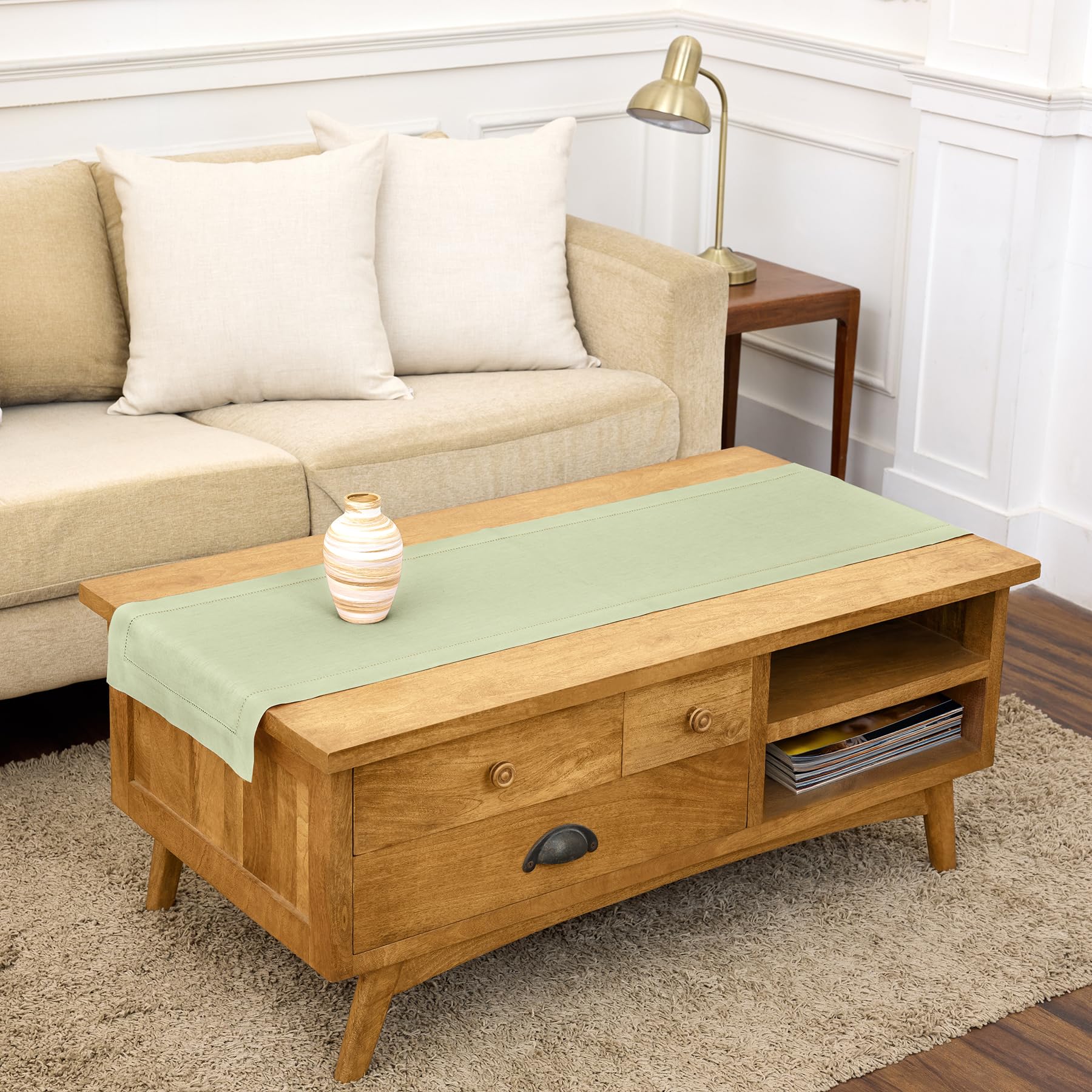 Solino Home Linen Light Natural Table Runner 72 Inches Long - 100% Pure Linen Hemstitch Table Runner 14 x 72 Inch for Dresser, Dining, Spring, Summer - Classic Hemstitch