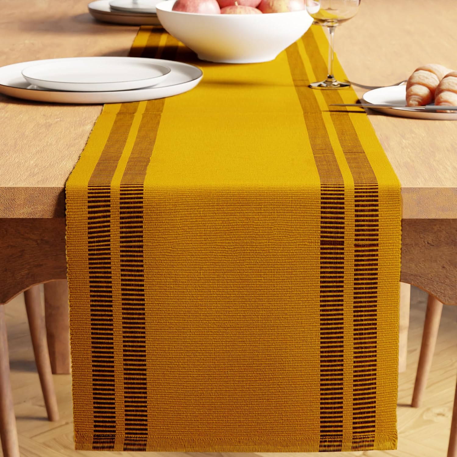 Encasa XO Dining Table Runner 13"x72" | Yarn Dyed Fine Ribbed Cotton | Ladder Yellow | Machine Washable