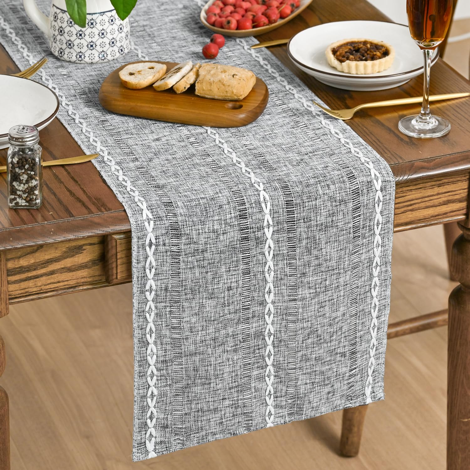 Artoid Mode Blue Rustic Cotton Linen Table Runner, Seasonal Embroidered Hollow Kitchen Dining Table Decoration for Home Party Decor 13x72 Inch