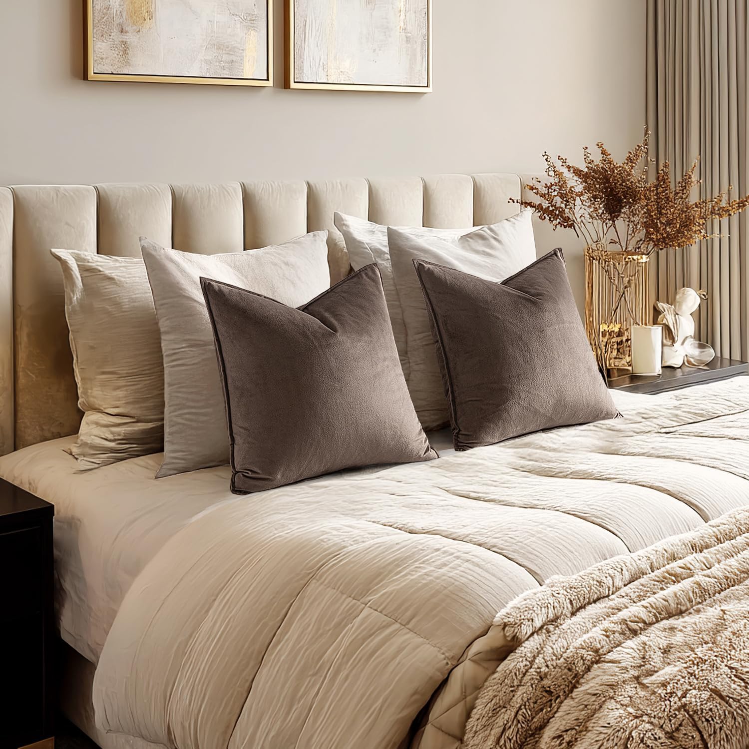 MIULEE Dark Coffee Velvet Throw Pillow Covers 24x24 Taupe Neutral Soft Decorative Solid Square Euro Sham Cushion Cases Pack of 2 Modern Luxury Home Decor for Couch, Sofa, Bedroom