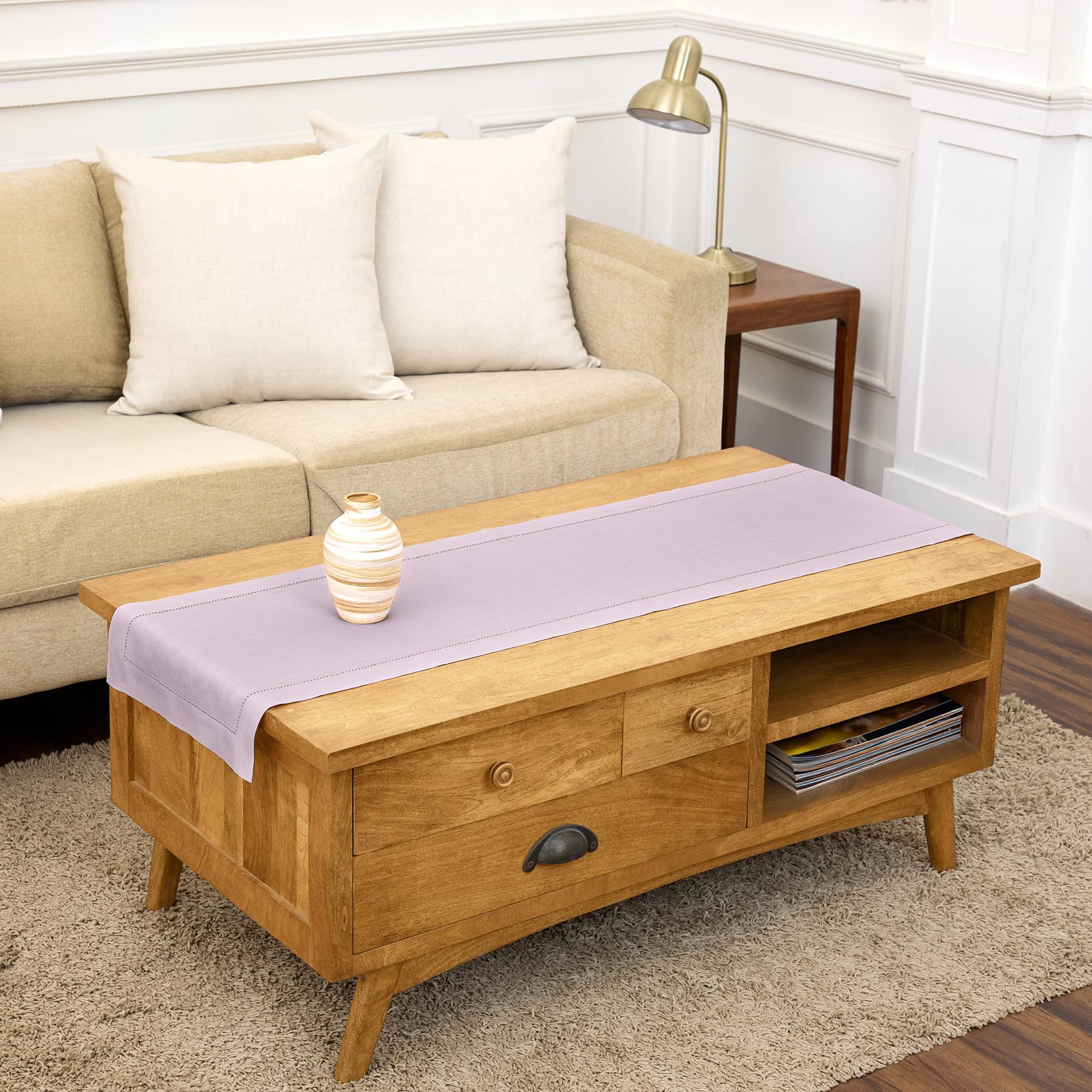 Solino Home Linen Light Natural Table Runner 72 Inches Long - 100% Pure Linen Hemstitch Table Runner 14 x 72 Inch for Dresser, Dining, Spring, Summer - Classic Hemstitch
