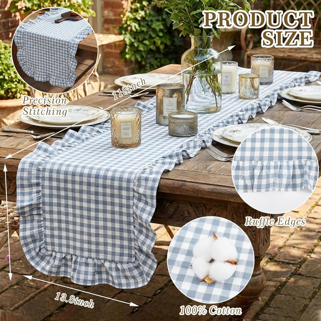 HunnmingRe 1 Pcs Blue Plaid Gingham Ruffle Table Runner 118 x 13.8'' Farmhouse Table Runner 100% Cotton Scalloped Long Dresser Scarves for Dining Room, Wedding, Kitchen Rustic Home Decor