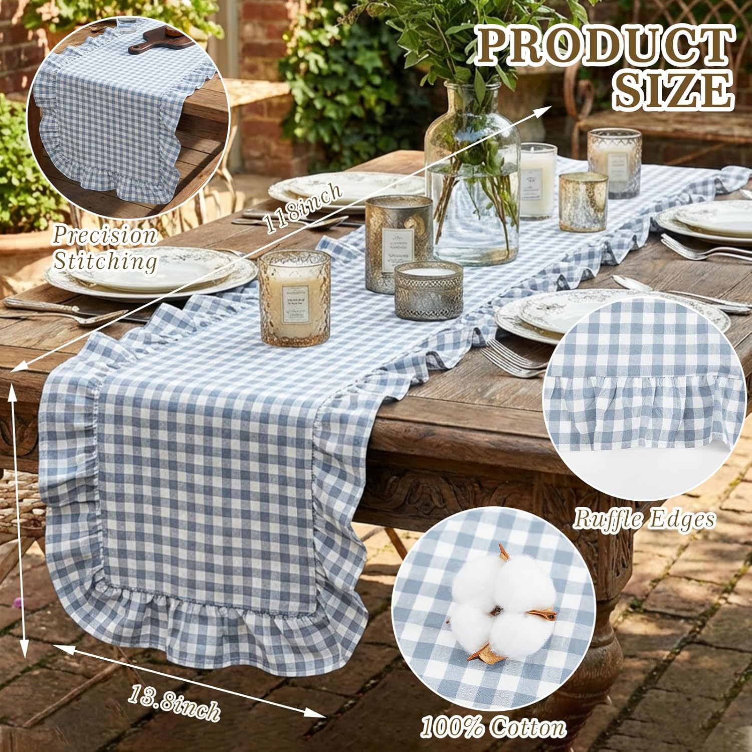 HunnmingRe 1 Pcs Blue Plaid Gingham Ruffle Table Runner 118 x 13.8'' Farmhouse Table Runner 100% Cotton Scalloped Long Dresser Scarves for Dining Room, Wedding, Kitchen Rustic Home Decor