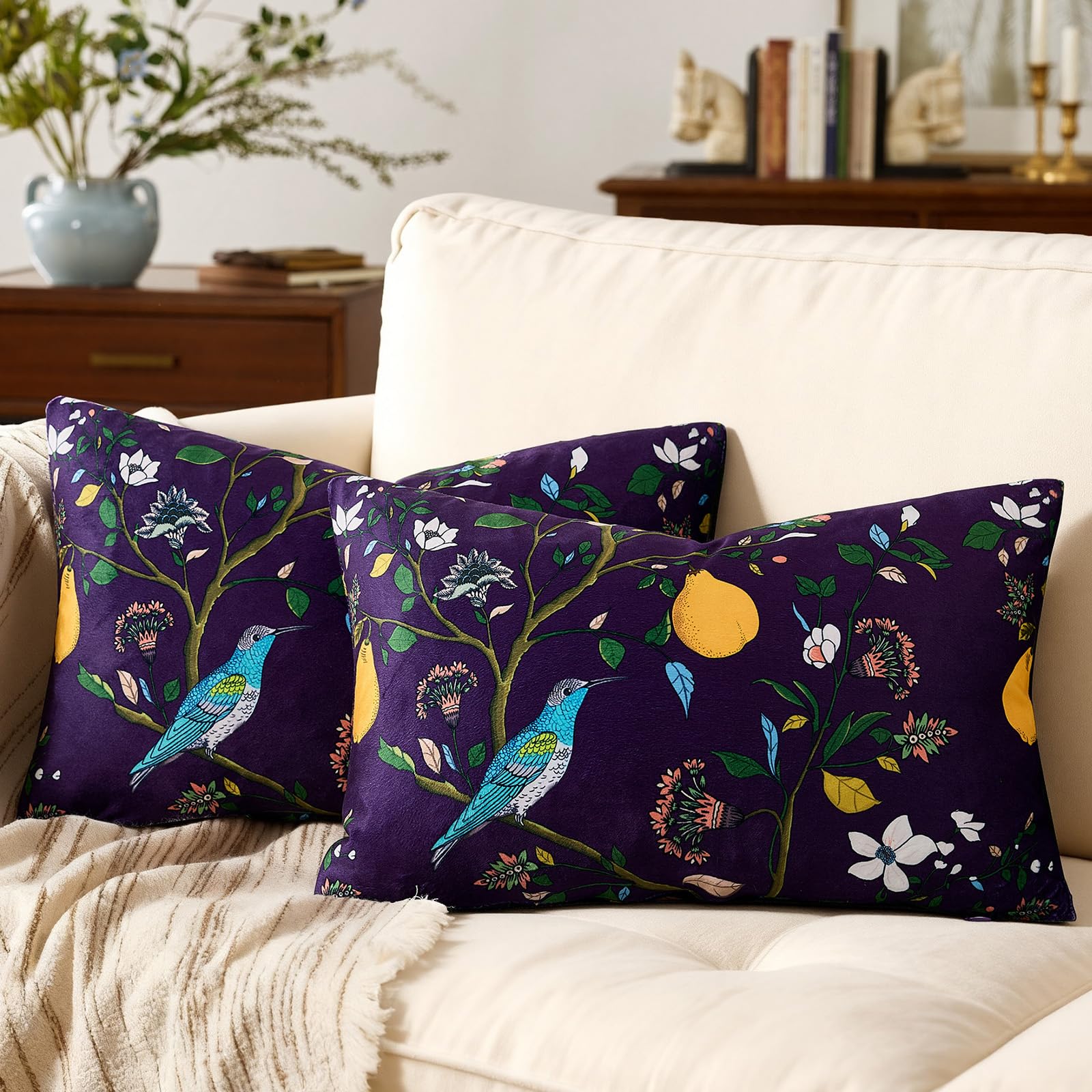 Mustard Yellow Velvet Throw Pillow Covers 20x20 Pack of 2, Vintage Floral Pillow Covers, Mid Century Flower Plant Cushion Covers for Sofa Living Room Home Decor
