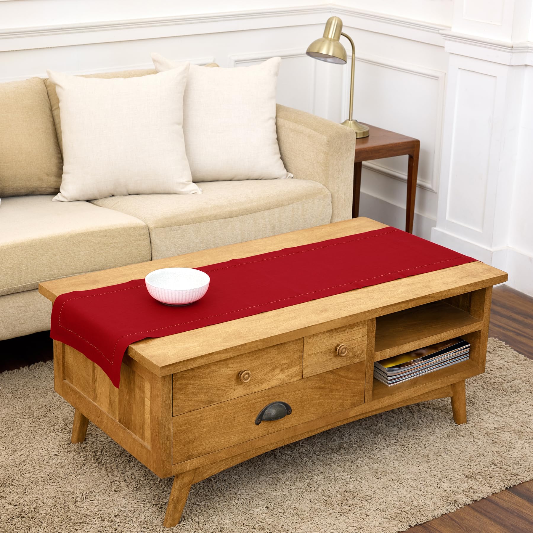 Solino Home Linen Light Natural Table Runner 72 Inches Long - 100% Pure Linen Hemstitch Table Runner 14 x 72 Inch for Dresser, Dining, Spring, Summer - Classic Hemstitch