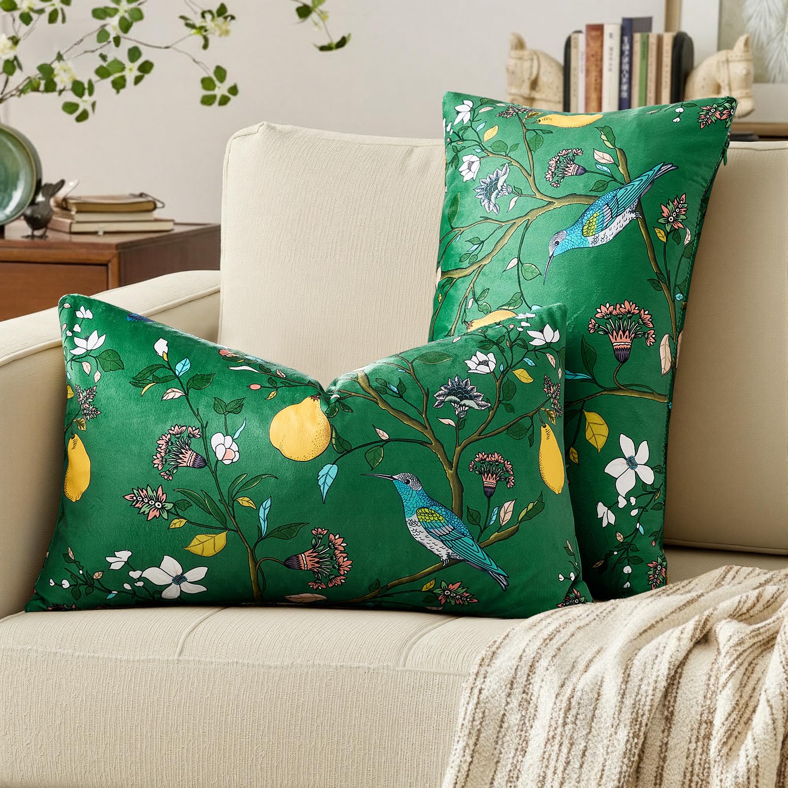 Mustard Yellow Velvet Throw Pillow Covers 20x20 Pack of 2, Vintage Floral Pillow Covers, Mid Century Flower Plant Cushion Covers for Sofa Living Room Home Decor