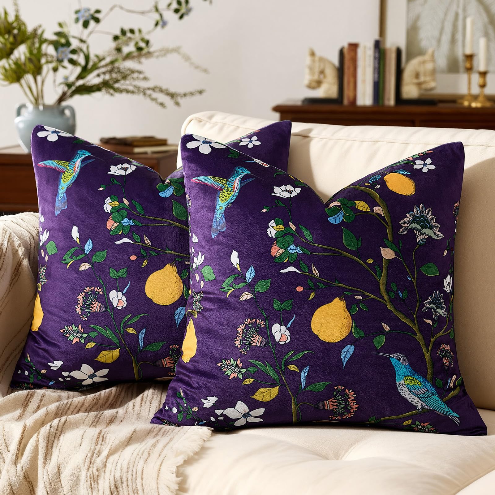 Mustard Yellow Velvet Throw Pillow Covers 20x20 Pack of 2, Vintage Floral Pillow Covers, Mid Century Flower Plant Cushion Covers for Sofa Living Room Home Decor