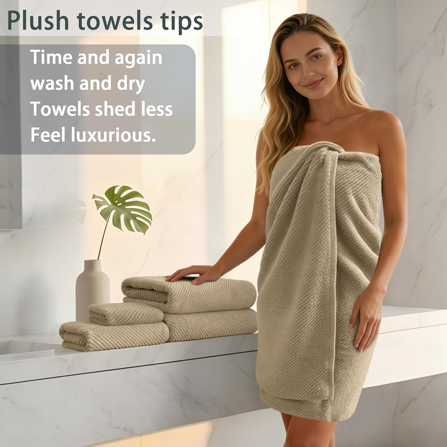 VOOVA & MOVAS Bath Towel Sets - 100% Cotton | Quick Dry | Light Weight | Thick | Soft, Beige Towels Set of 6, 2 Large Bath 30" x 56", 2 Hand 18" x 28", 2 Washcloths 13" x 13", Tan Towel Gift Set