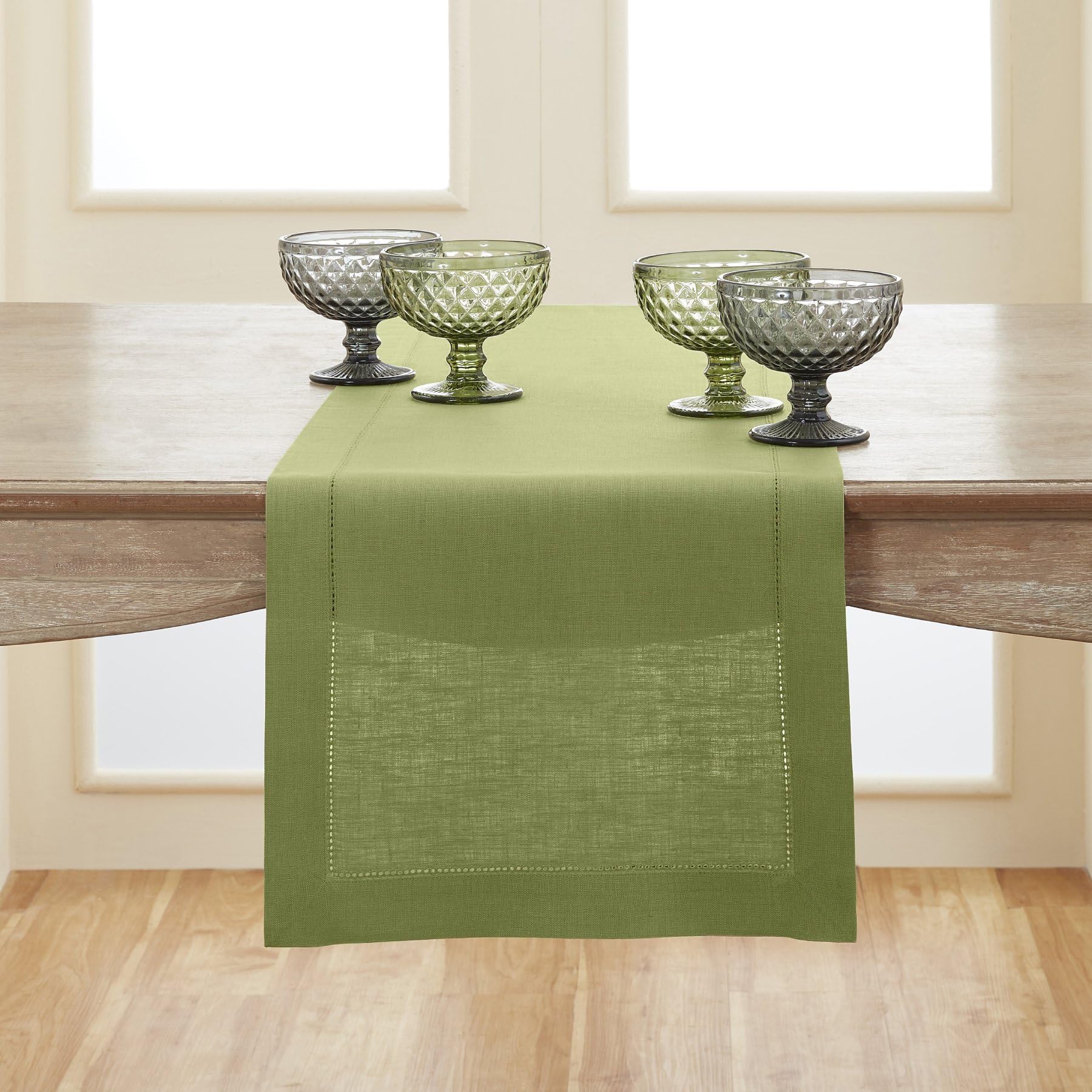 Solino Home Linen Light Natural Table Runner 72 Inches Long - 100% Pure Linen Hemstitch Table Runner 14 x 72 Inch for Dresser, Dining, Spring, Summer - Classic Hemstitch