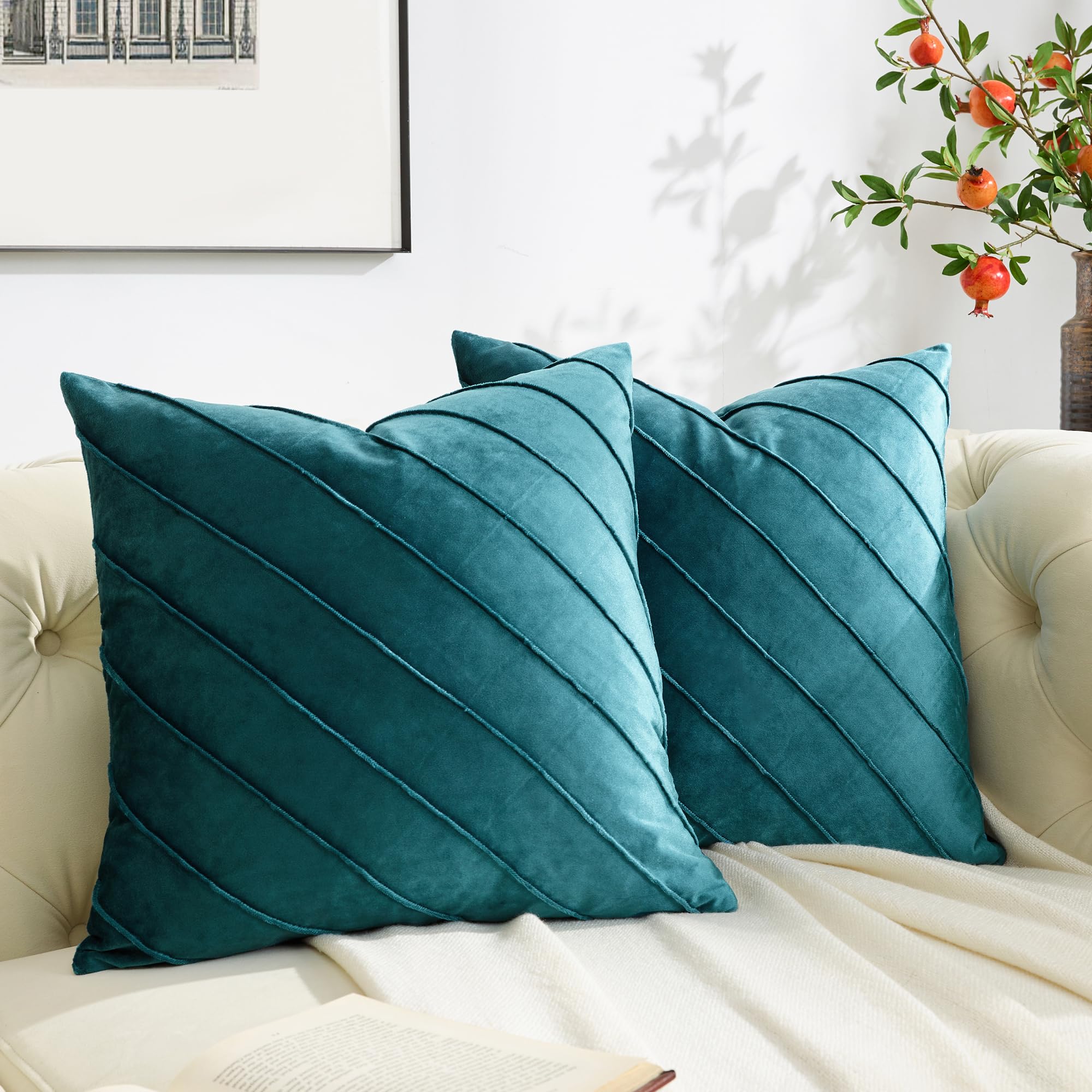 GIGIZAZA Decorative Velvet Pillow Covers 18x18, Set of 2 Gold Sofa Couch Throw Pillows Covers Cases, Living Room Square Cushion Accent Stripe Covers