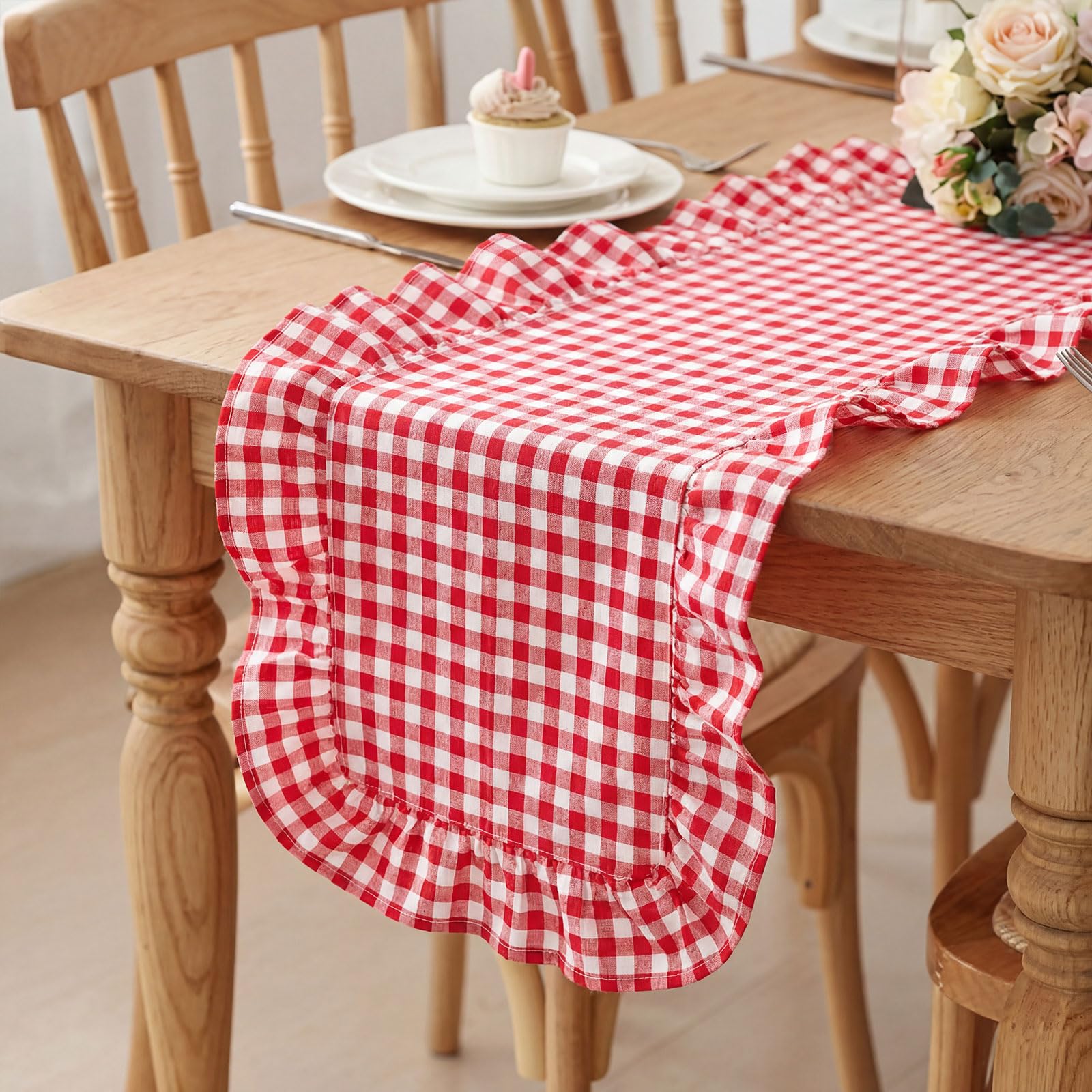 HunnmingRe 1 Pcs Blue Plaid Gingham Ruffle Table Runner 118 x 13.8'' Farmhouse Table Runner 100% Cotton Scalloped Long Dresser Scarves for Dining Room, Wedding, Kitchen Rustic Home Decor