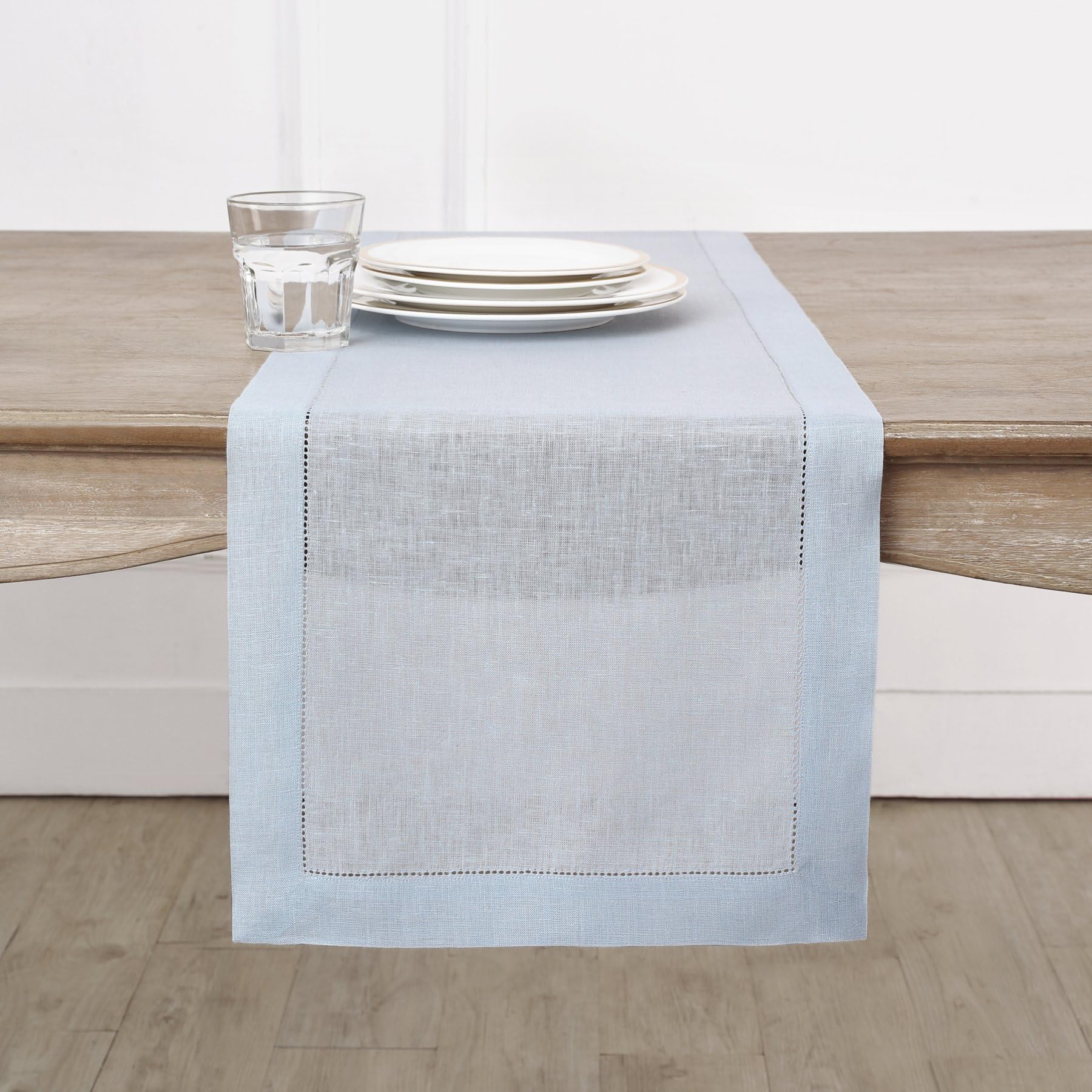 Solino Home Linen Light Natural Table Runner 72 Inches Long - 100% Pure Linen Hemstitch Table Runner 14 x 72 Inch for Dresser, Dining, Spring, Summer - Classic Hemstitch