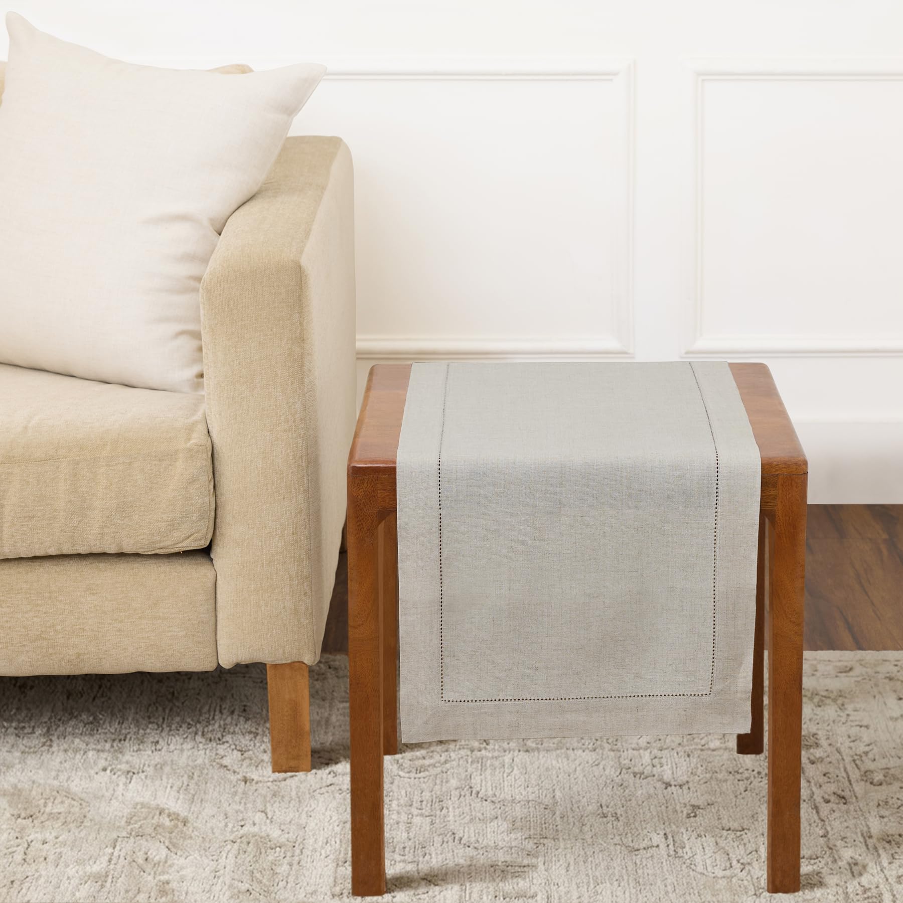 Solino Home Linen Light Natural Table Runner 72 Inches Long - 100% Pure Linen Hemstitch Table Runner 14 x 72 Inch for Dresser, Dining, Spring, Summer - Classic Hemstitch